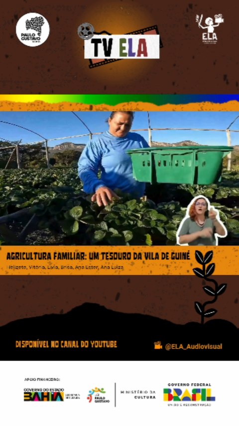 Quais frutas ou hortaliças não podem faltar em sua mesa? Ao final, deixe sua opinião e confira.
O curta-metragem "Agricultura Familiar: Um Tesouro da Vila de Guiné" documenta a vida, as relações de trabalho, desafios e a luta por uma economia sustentável realizada pelos agricultores que residem nesta, situada no município de Mucugê, Chapada Diamantina, na Bahia. Mesmo com os desafios apresentados, buscamos, por meio desta produção, estimular a valorização da agricultura familiar, responsável pela grande parte dos alimentos que chegam à mesa dos brasileiros.
Uma produção das cursistas Helizete de Oliveira e Vitória Oliveira e seus parceiros Maiara Luane, Isael Anjos, Ana Ester Freitas, Brisa Guanais, Ana Luiza Souza, Heitor Rocha, Kauan Matheus, Lívia Oliveira, Matheus Silva, Thiago de Oliveira.
Compartilhe boas notícias e envie para um amigo!
#paratodosverem: card único, com as logomarcas do Paulo Gustavo à esquerda e da ELA à direita, destacando o lançamento da TV ELA, com o lançamento dos curta metragens produzidos pelos alunos durante essa terceira formação.
"Este projeto foi contemplado nos Editais da Paulo Gustavo Bahia e tem apoio financeiro do Governo do Estado da Bahia através da Secretaria de Cultura via Lei Paulo Gustavo, direcionada pelo Ministério da Cultura, Governo Federal. Paulo Gustavo Bahia (PGBA) foi criada para a efetivação das ações emergenciais de apoio ao setor cultural, visando cumprir a Lei Complementar no 195, de 8 de julho de 2022".
#chapadadiamantina #produçãoaudiovisual #meunordeste #culturaquemovimenta
#olhaelaaí #leipaulogustavobahia #SecultBa #Funceb
