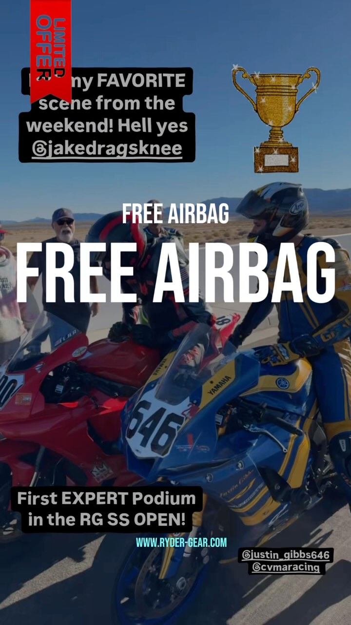 $1000 OFF for CVMA Racers Black Friday Deal!
This is the best deal we will offer all year!
BEST DEAL EVER! EXTENDED!
FREE AIRBAG with purchase of Full Custom Ryder Gear Suit! $1000 Value!
Make a deposit ryder-gear.com/deposit to lock in the deal and email Tony:
Ryder@ryder-gear.com