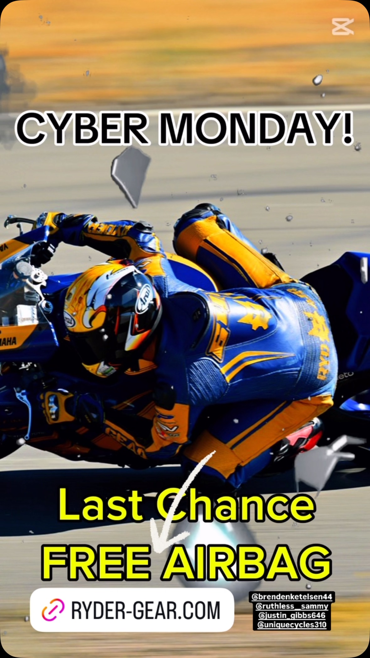 Final hours to score a FREE AIRBAG with CUSTOM Suit Purchase! Secure your spot with a deposit by midnight! Ryder-Gear.com/deposit #rydergear #racing #helite #motorcycle #trackdays #cvmaracing #customsuit #racecra #veteranowned #veteran