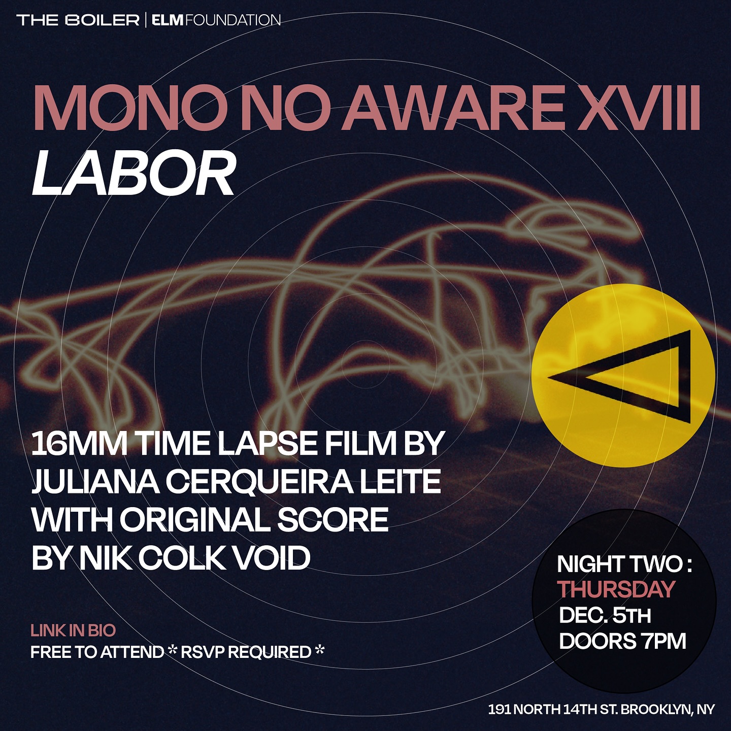 We’re proudly hosting @mononoawarefilm for NIGHT TWO OF MONO XVIII!
Join us for the premiere of LABOR, 2024 by JULIANA CERQUEIRA LEITE (julianacerqueiraleite ) projected on 16mm film with score by NIK COLK VOID (@nikcolkvoid) Thursday December 5th at 7 pm at THE BOILER @theboiler191. * RSVP REQUIRED * Link in bio - FREE TO ATTEND!
.
.
“Labor continues sculptor Juliana Cerqueira Leite’s research into the ways repetitive movements construct and deconstruct the built world. Four former assembly line workers perform, from memory, the movements that defined their work. Labor uses long exposure photography and techniques pioneered by Lilian and Frank Gilbreth in the early 1900’s to draw parallels between the development of film and photography, and assembly-line based industrial manufacturing. The film and its original score by Nik Colk Void connect the material qualities of their mediums to memory and work, moving from animation to live action.”
.
CLIP from test film session for the film in black and white on Double XX LABOR, 2024 is in full color and a still from this film is the poster design for this year - STILLS are BTS from the actual film. *DO NOT MISS THIS *
.
This evening has been made accessible to the community with support from the @nyscouncilonthearts. The fully timed print was struck by our friends at @colorlabmd and scanned with the Xena scanner built for us by @cinelabboston. LABOR was commissioned by @mononoawarefilm - and received film support from the org- Bolex, TTL motor, tripods, the @kodak film stock, and was edited by Juliana on our Steenbeck flatbed editing table at our facilities in downtown Brooklyn. NY.
.
@kodak_shootfilm