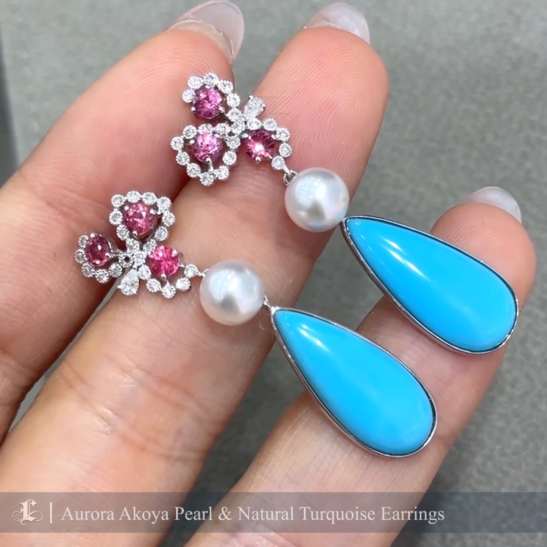 These breathtaking earrings feature flawless Aurora Japanese Akoya pearls, complemented by vibrant, untreated natural turquoise drops and dazzling Burmese spinels. The spinels’ deep pink hue adds a stunning contrast to the pearls’ soft radiance and the turquoise’s vivid blue, creating a harmonious blend of colors. Accented with sparkling diamonds, these earrings are a true testament to refined craftsmanship and bold elegance. Perfect for adding a pop of color and sophistication to any ensemble.
#akoyapearljewelry
#turquoiseearrings
#spinelearrings