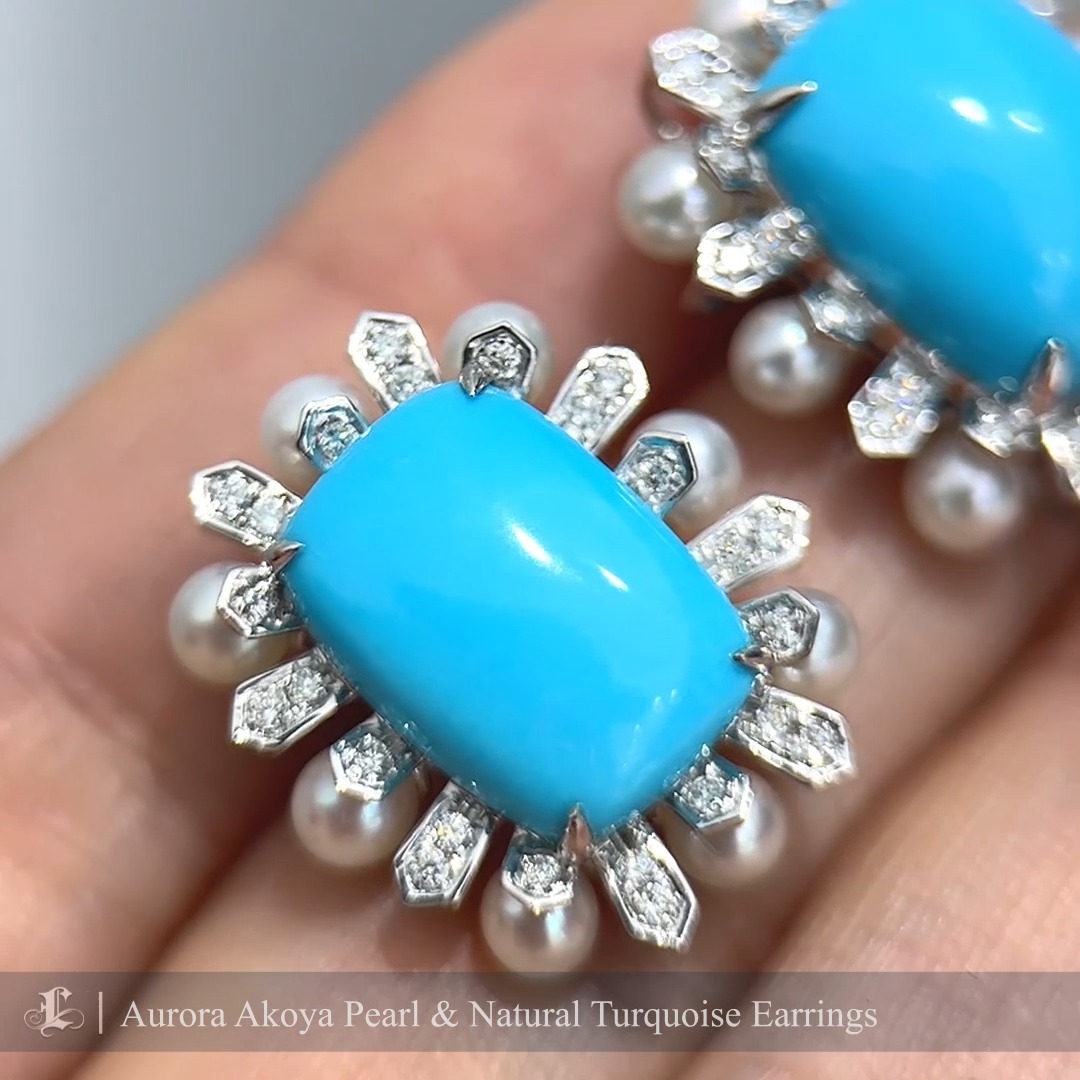 These statement earrings feature flawless Aurora Japanese Akoya pearls, arranged delicately around vibrant, untreated natural turquoise cabochons. Accented with sparkling diamonds, the bold turquoise center is beautifully framed by the pearls’ soft radiance, creating a stunning contrast. The design’s vibrant color palette and impeccable craftsmanship make these earrings a luxurious and eye-catching accessory for any occasion. A true celebration of elegance and natural beauty.
#akoyapearljewelry
#turquoiseearrings