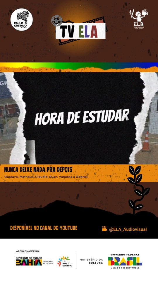 O curta-metragem "Não Deixe Nada para Depois" retrata um drama estudantil, vivenciado por muitos alunos, que envolve a duplicidade entre estudar para construir uma vida melhor e o desinteresse pelos estudos. O desfecho dessa trama você pode conferir agora, com apenas um clique. 💪Uma produção dos jovens Gustavo, Matheus, Claudio, Ruan, Vanessa e Gabriel.
Antes de arrastar para cima e deixar esse vídeo para ver melhor depois, conheça de forma dinâmica e divertida o que os alunos do ensino médio e também cursistas da ELA Diversidades desenvolveram✨📽️.
#paratodosverem: card único, com as logomarcas do Paulo Gustavo à esquerda e da ELA à direita, destacando o lançamento da TV ELA, com o lançamento dos curta metragens produzidos pelos alunos durante essa terceira formação.
"Este projeto foi contemplado nos Editais da Paulo Gustavo Bahia e tem apoio financeiro do Governo do Estado da Bahia através da Secretaria de Cultura via Lei Paulo Gustavo, direcionada pelo Ministério da Cultura, Governo Federal. Paulo Gustavo Bahia (PGBA) foi criada para a efetivação das ações emergenciais de apoio ao setor cultural, visando cumprir a Lei Complementar no 195, de 8 de julho de 2022".
#chapadadiamantina #produçãoaudiovisual #meunordeste #culturaquemovimenta
#olhaelaaí #leipaulogustavobahia #SecultBa #Funceb