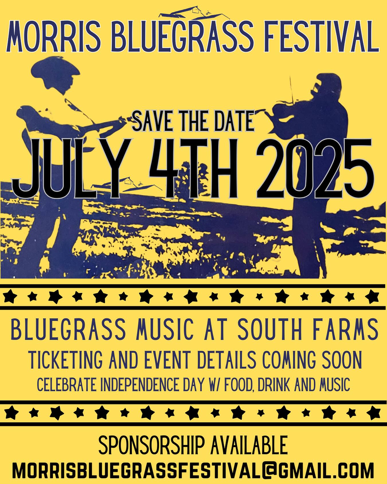 Save the Date! July 4th 2025! The Morris Bluegrass Festival is back in action at the gorgeous @southfarms. Lots of announcement coming up in the next few weeks. Sponsorship opportunities are available. Contact morrisbluegrassfestival@gmail.com for inquiries #ctbluegrassassociation #ctlivemusic #ctfestivals #newenglandbluegrass