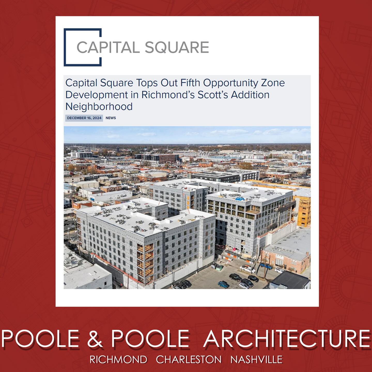 It has been such a pleasure working with Capitol Square on this incredible project! This community consists of three 6- and 7-story buildings in the heart of Richmond’s Scotts Addition. Each building is a mix of studios, 1-, 2-, and 3-bedroom apartments with sweeping views of the city. This mixed-use project is the perfect addition to the thriving fabric of Richmond. Read more in the article about the “Topping Out” in our bio!