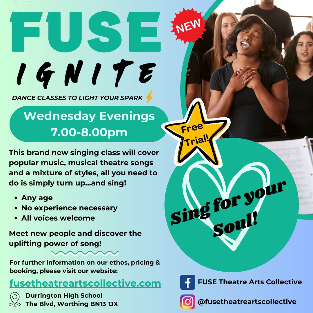 🚨LAUNCHING WEDNESDAY 15TH JANUARY🚨
FUSE Ignite: 🎤 Sing for your Soul!
Come along and sing with us in this brand new class that is guaranteed to leave you feeling uplifted 💚
We encourage you to bring friends and family members to build confidence, atmosphere and noise levels!
(Younger family members from Year 7 upwards)
These classes will be charged as a drop in basis:
* £5 per person
* £10 per family - up to 4 people per family
Book now for a FREE TRIAL session via our website or email us for more details:
💻www.fusetheatreartscollective.com
📧info@fusetheatreartscollective.com
#fusetheatreartscollective #fuse #theatre #arts #dance #performingarts #drama #musicaltheatre #workshops #festivals #competitions #exams #worthing #westsussex
