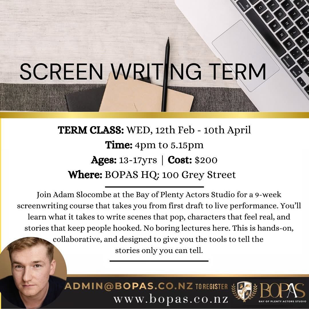 🎬✨ Ready to Step Into Your Creative Side✨🎬
At Bay of Plenty Actors Studio (BOPAS), we’re more than just screen acting classes—we’re your gateway to the premium world of storytelling and filmmaking! 🌟
Whether you dream of writing your own scripts, directing the next big film, or perfecting your on-screen performance, BOPAS has you covered.
🎥 Now Offering:
📜 Scriptwriting Workshops: Dive into the art of crafting unforgettable characters and captivating plots.
🎬 Filmmaking Workshops: Learn the magic behind the lens and bring your stories to life on the big screen.
🎭 Premium Screen Acting Classes: Our renowned training programs are designed to nurture bold, professional actors.
Join our community of passionate creatives and take your first steps toward a career in the exciting world of film and TV. 🌟
👉 Limited spots available! Don’t miss your chance to work with experienced industry professionals who know how to bring out the best in you.
📅 Enroll today!
🔗 Link in bio to learn more.
🎥 BOPAS: Where courageous storytellers and actors find their home.