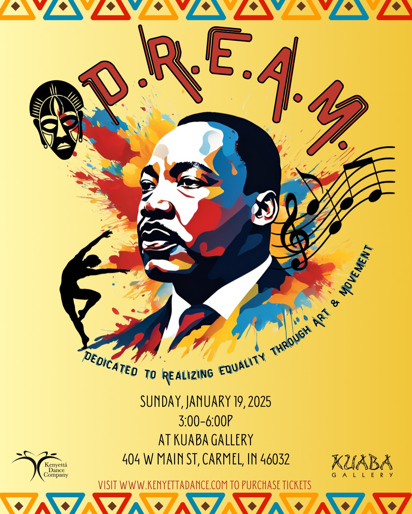 ✨ Experience the power of art and movement at D.R.E.A.M. ✨
Join us for an unforgettable evening of dance, spoken word, live music, and more as we celebrate the pursuit of equality through creative expression. Hosted at the stunning Kuaba Gallery, this celebration brings together community, culture, and purpose in a Black-owned space dedicated to artistic excellence. Guest performers will be announced soon! Visit our website to buy tickets!
📍 Kuaba Gallery, Carmel, IN
🗓️ Sunday, January 19, 2025 | ⏰ 3:00-6:00p | 🎟️ $20
Be part of the movement. Together, we can create, inspire, and dream for a better tomorrow.
#DREAMEvent #ArtAndEquality #KuabaGallery #SupportBlackArt #CarmelIndiana #CommunityThroughCreativity #BlackDanceMatters