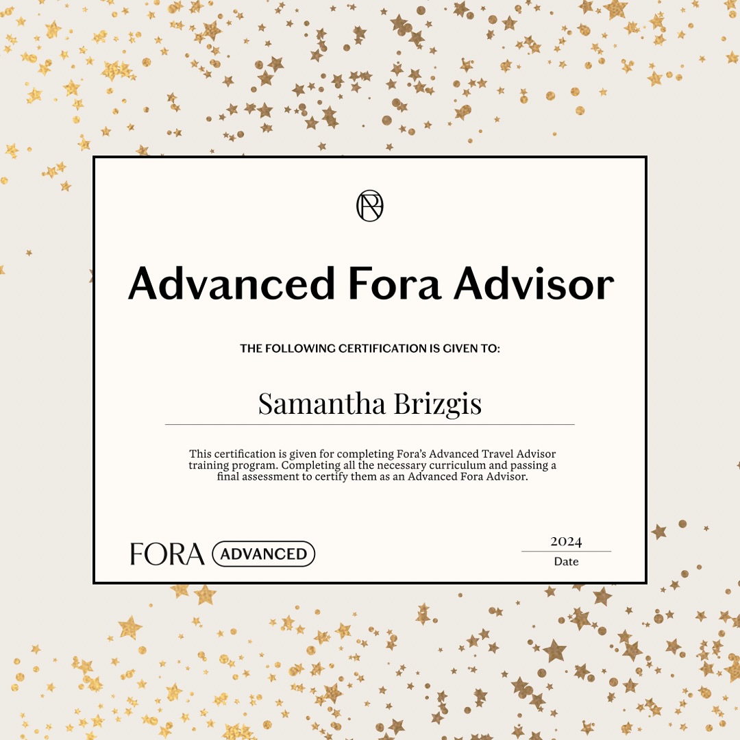 Starting off 2025 with an upgrade! I started as a Fora advisor in September of 2024 but quickly achieved my first goal. I am officially a Fora Advanced advisor and ready to plan some fun adventures for you!