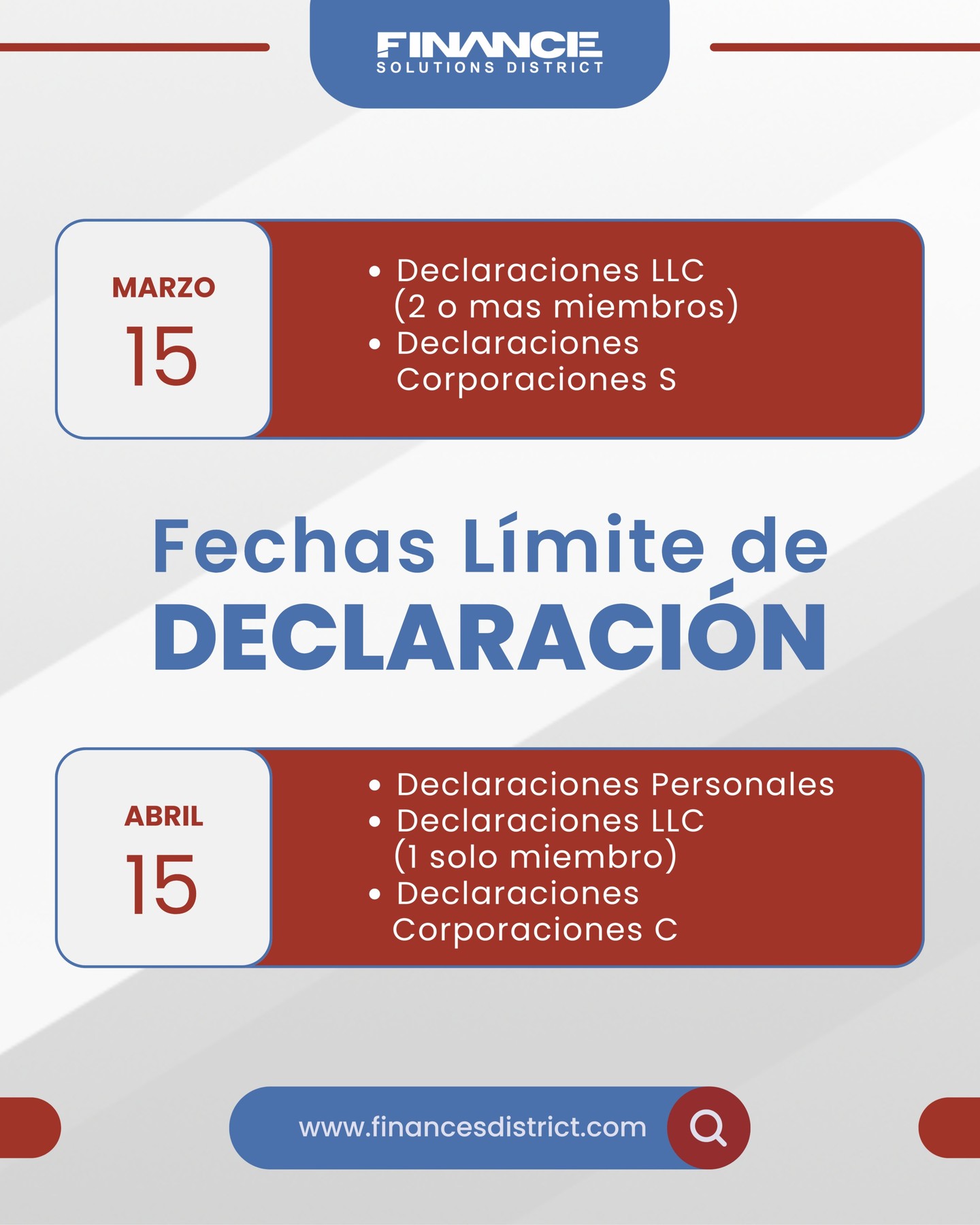 🗓️Se acercan las fechas límite para tus declaraciones de impuestos. No te pierdas estas importantes fechas:
- Marzo 15: Declaraciones LLC (2 o mas miembros) y Declaraciones Corporaciones S.
- Abril 15: Declaraciones Personales, Declaraciones LLC (1 solo miembro) y Declaraciones Corporaciones C.
¡Organiza tus finanzas y evita multas! Visita www.financesdistrict.com para más detalles👩🏻💻
.
.
.
#impuestos #declaraciondeimpuestos #fechaslimite #organizacionfinanciera #financesdistrict #planeacionfinanciera