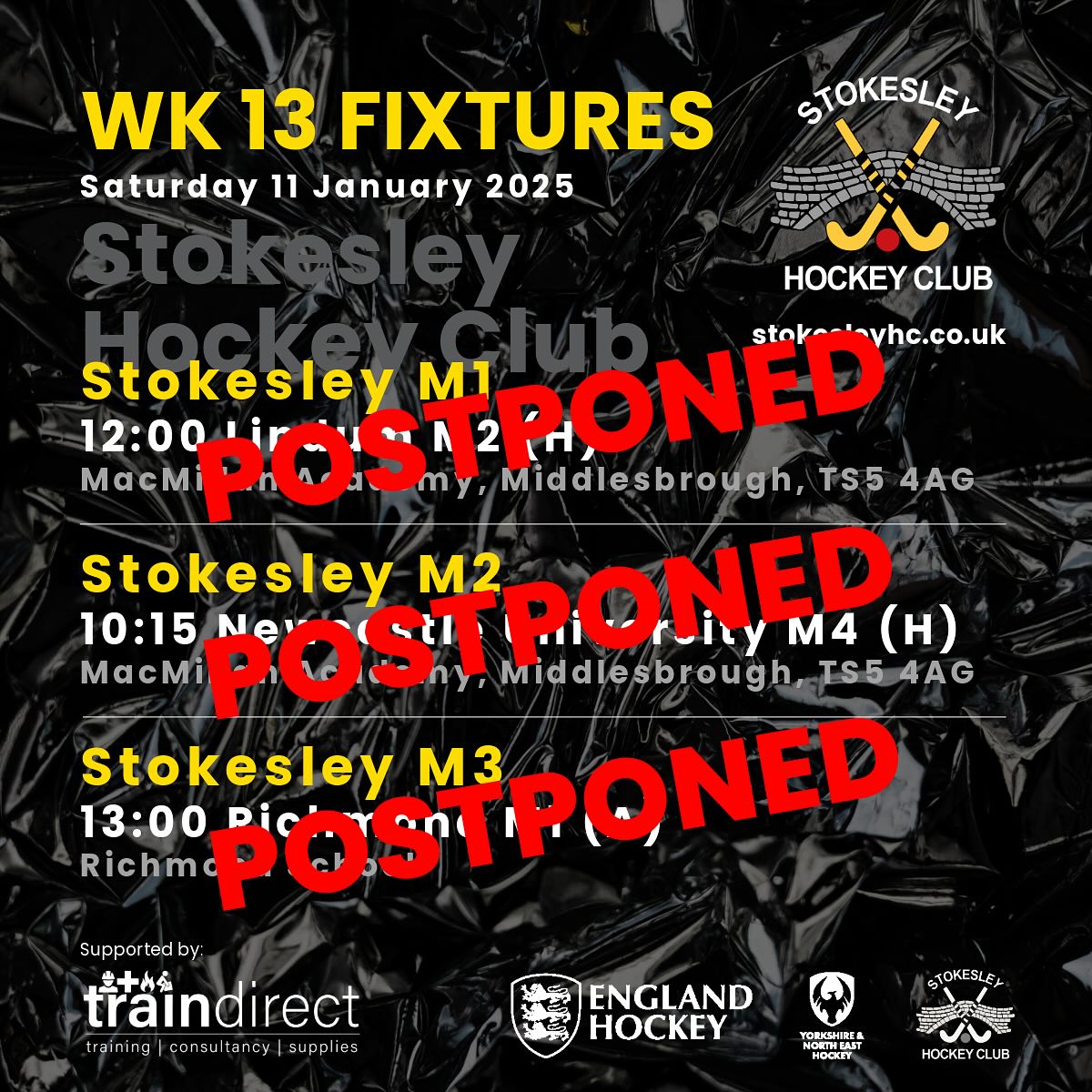 Just to confirm, all three fixtures are postponed today due to frozen pictures. A call about tomorrow’s games will be made later in the day, but there is looking like little chance of improvement.