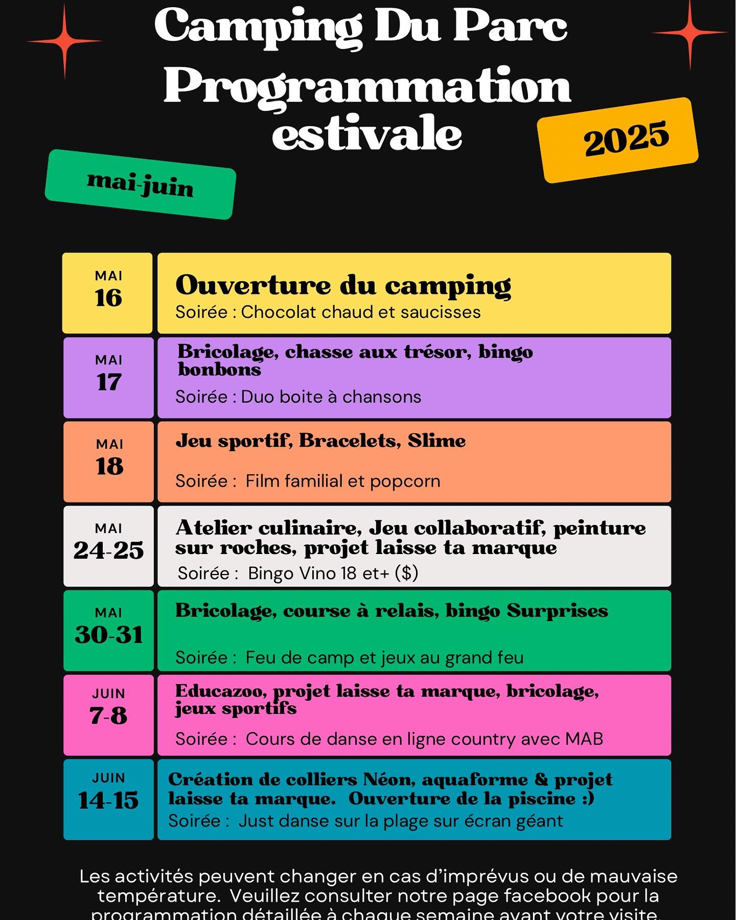 Nous sommes fiers de vous présenter notre belle programmation 2025. Comme toujours que vous soyez en couple, en famille ou entre amis, nous avons des activités qui plairont à tous. Pour du plaisir et aussi du repos car le camping c’est fait pour ça aussi, c’est ici que ça se passe.
Pour réserver c’est par ici 🙂
www.campingduparc.ca
Nous avons hâte de vous accuellir et nous vous réservons de belles surprises !!#camping_du_parc