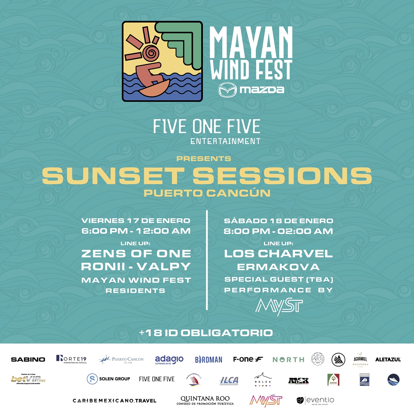 🌅✨ Sunset Sessions en el Mayan Wind Fest 🌴🎶
¡La fiesta comienza en Puerto Cancún!
Prepárate para un fin de semana épico 🌟: el Mayan Wind Fest fusiona lo mejor del campeonato de vela y kiteboarding con dos fiestas que encenderán la noche en Puerto Cancún. 🎶⚡ Música, atardeceres y un ambiente único en Sunset Sessions.
Presentado por FIVE ONE FIVE ENTERTAINMENT.
🎧 Viernes 17 de enero | 6:00 PM - 12:00 AM
Line-up:
🔸 Zens of One
🔸 Ronii
🔸 Valpy
🎶 Sábado 18 de enero | 8:00 PM - 2:00 AM
Line-up:
🔹 Los Charvel
🔹 Ermakova
🔹 Invitado especial (TBA)
Con una espectacular presentación de MYST 🎤
📍 Puerto Cancún
🎟️ Evento exclusivo para mayores de 18 años (+ID obligatorio)
¡Vive la música y el viento como nunca antes! 🌊✨
#MayanWindFest #SunsetSessions #PuertoCancún