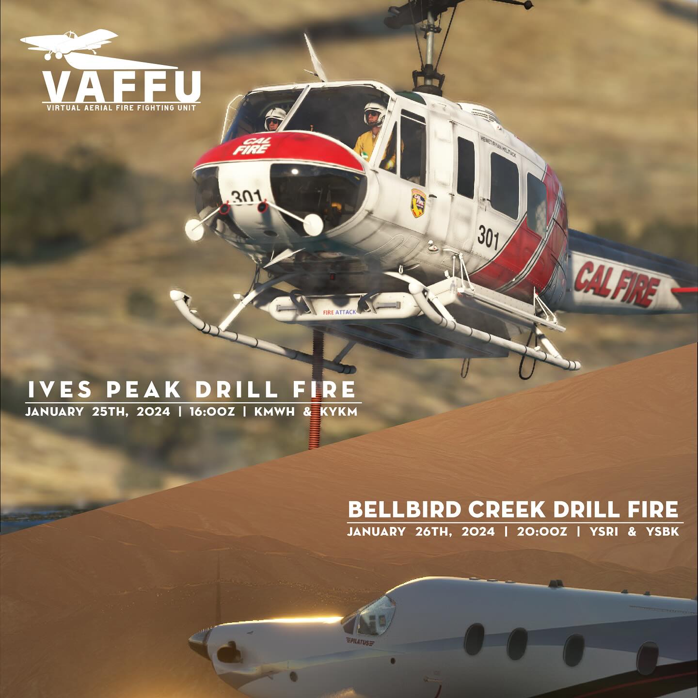 VAFFU’s Ives Peak Drill Fire is on January 25th at 1600Z, and Bellbird Creek Drill Fire is on January 26th at 2000Z! All VSOAs are welcome to join us next week for these exciting events. Be sure to sign up on our website and join the Discord to participate. See you there!
#aerialfiremagazine #aerialfirefighting #vatsimnetwork #vaffu