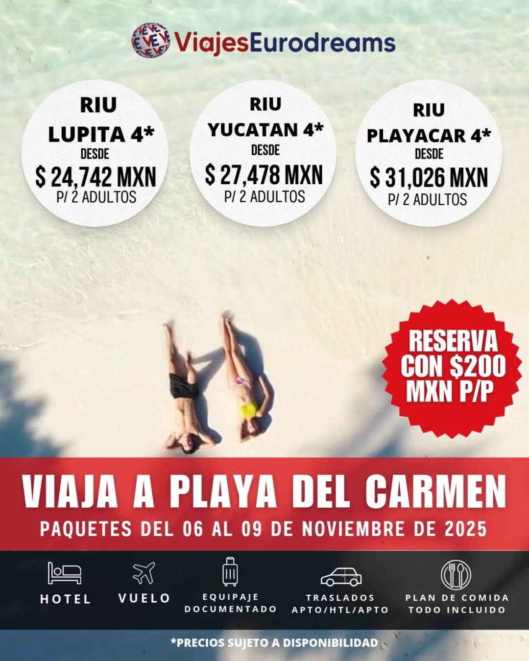 ✈️☀️🏖️ VIAJA A PLAYA DEL CARMEN 🏖️☀️✈️MÁS INFO: 8116179892
Paquete a Playa del Carmen con vuelo desde Monterrey del 6 al 9 de Noviembre
💰TARIFAS POR 2 ADULTOS
🏨RIU LUPITA 4* $ 24,742 MXN
🏨RIU YUCATAN 4* $27,468 MXN
🏨RIU PLAYACAR 4* $31,026 MXN
✅Los precios incluyen:
🍽Plan Todo Incluido alimentos, bebidas y snacks
✈️Vuelo Redondo y Directo
🚖Traslados en el Destino (Aeropuerto-Hotel-Aeropuerto)
✅Impuesto del TUA
🧳Equipaje documentado de 25 kgs por persona y equipaje de mano de 10 kgs
📍Dirección:
Plaza Santa Elena, 1ª Avenida #207- Interior #207, Col. Vista Hermosa, Monterrey, Nuevo León, CP. 64610
⏰Horarios:
Lunes a Viernes de 10 am a 6 pm
Sábado de 10 am a 2 pm
Precios sujetos a disponibilidad.NO INCLUYE IMPUESTOS DE SANIDAD, ESTOS SE PAGAN DIRECTO EN EL HOTEL
Formas de pago:💳
Depósito bancario en ventanilla
Transferencia bancaria
Pago con tarjeta (Cargo del 4.5%): en TPV en nuestra oficina o con Link de pago
Efectivo
PARA RESERVAR
SE RESERVA CON $200 PESOS POR PERSONA, MISMA CANTIDAD CADA MES, UN MES ANTES DE VIAJAR SE DEBE CUBRIR LA MITAD DEL PAQUETE Y SE LIQUIDA 16 DIAS ANTES DE LA FECHA DEL VIAJE*