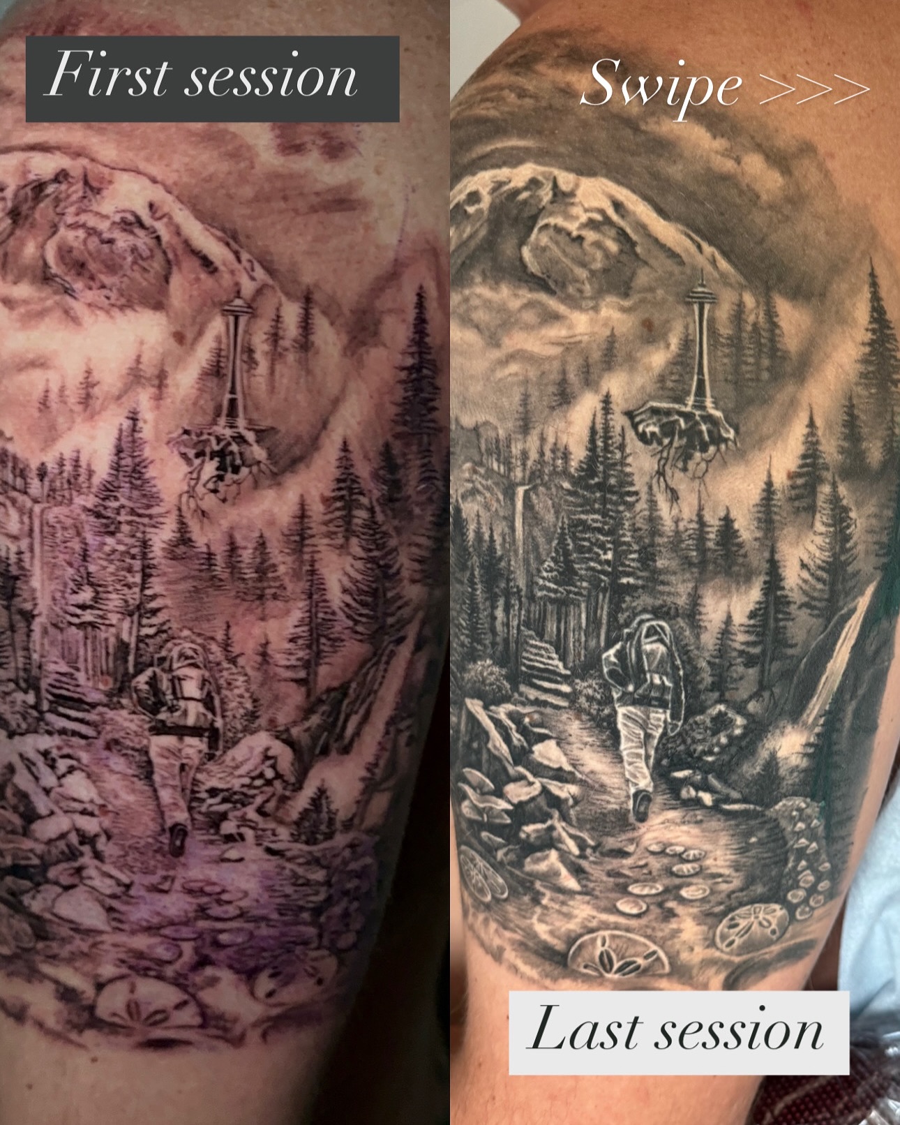 Swipe left!! 💕
Look at the process of the piece we created for Ryan over the sessions! 🤗
Creating details that last over time is not an easy task, much less a fast one, but nothing that hard work and passion can't accomplish. As time passes, I'll try to get more photos of this piece that was started over a year ago since the last picture was taken. 😎
#seattle #seattletattoo #seattlletattooartist #joseneedles #joseneedlestattoo #hiking #happyplace #spacemeedletattoo #blackandgreytattoo #bnginksociety #bngtattoo #blackandgreytattooseattle #details #tattoodetails