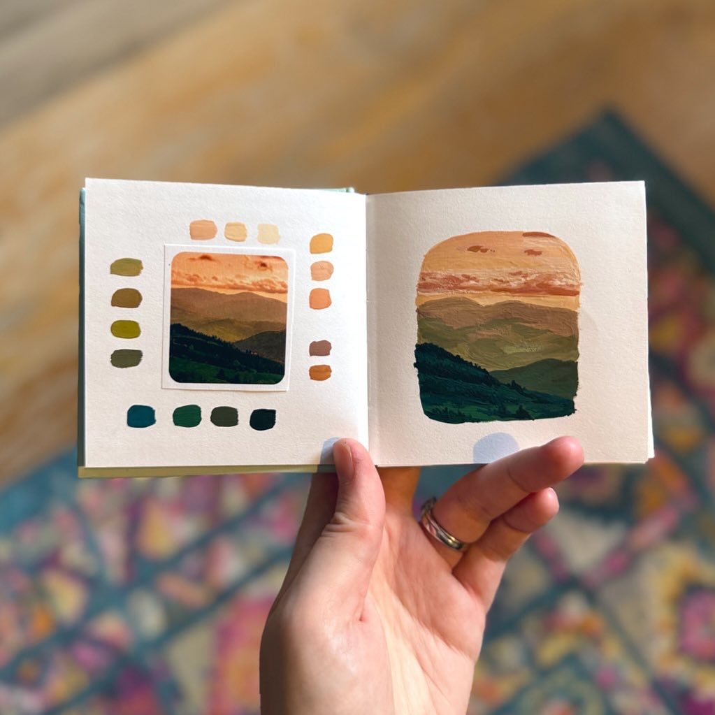 Really happy with how this one turned out! I mixed my colors with more confidence and took my time working from back to front. Loving the texture of the mountains 🏔️ *puts gold star on forehead* #gouachepainting #tinygouache #gouschemountains