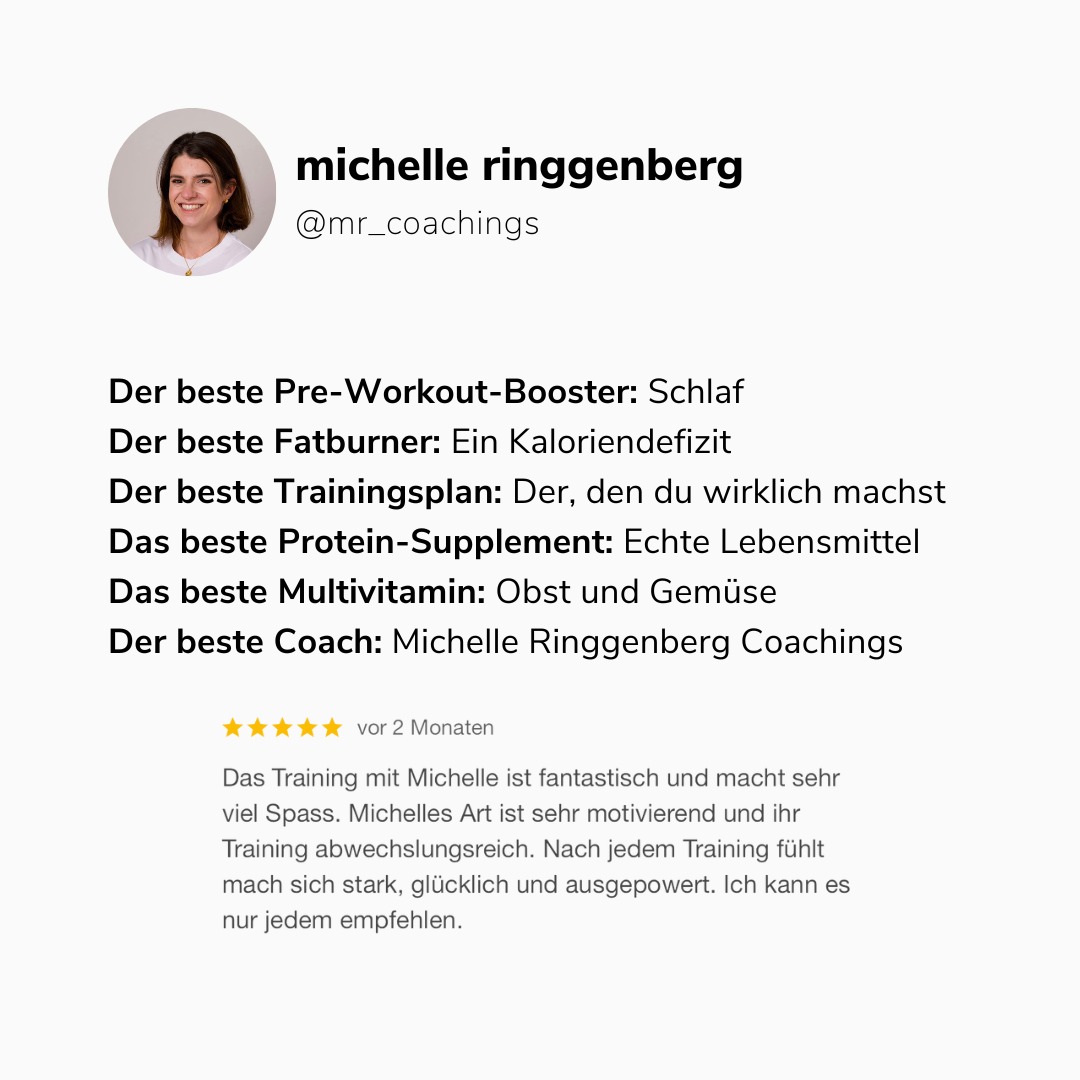 💥 Wahrheit auf den Punkt gebracht! Gesund und fit zu werden muss weder teuer noch kompliziert sein.
Die Basics, um deinen Körper zu stärken und dich wohlzufühlen, sind tatsächlich ganz einfach:
❌ Du brauchst keinen fancy Pre-Workout-Booster… du brauchst guten Schlaf, ausreichend Ernährung und manchmal reicht auch einfach ein Kaffee.
❌ Du brauchst keine „Fatburner“… dein Körper nutzt das Fett als Energiequelle, wenn du ihn mit den richtigen Lebensmitteln versorgst und im Kaloriendefizit bist.
❌ Du brauchst nicht den perfekten Trainingsplan aus Social Media… du brauchst einen realistischen Plan, den du regelmäßig durchziehst – 2-3 Mal pro Woche reicht völlig aus.
❌ Du brauchst keine teuren Proteinshakes… plane einfach 25-30 g Protein pro Mahlzeit ein – aus Lebensmitteln wie Eiern, magerem Fleisch, Fisch, Tofu oder Hülsenfrüchten.
❌ Du brauchst keine Multivitamin-Bomben… iss einfach eine bunte Mischung aus Obst und Gemüse – das reicht meistens völlig aus.
👉 Bottom Line: Konzentriere dich auf 80 % unverarbeitete Lebensmittel, bewege dich täglich, trinke ausreichend Wasser und priorisiere deinen Schlaf.
Der Weg zu einem gesunden und starken Körper ist oft simpler, als man denkt. Und wenn du abnehmen möchtest, füge ein Kaloriendefizit hinzu.
Was hältst du von diesen simplen und ehrlichen Grundlagen? Lass uns gemeinsam den Mythos vom „perfekten“ Lifestyle entlarven! 💬
#FitnessJourney #PersonalTraining #BoxAcademyBern #NeuesJahrNeuesIch#boxen#fitness#abnehmen#health#inspo#Sport#Bern#Grow#GlowUp#bikinibody#Gesundheit#SpassbeimSport#Selbstliebe#Selbstbewusstsein#trainingmitmichelle#glücklich#zufrieden#wohlfühlkörper