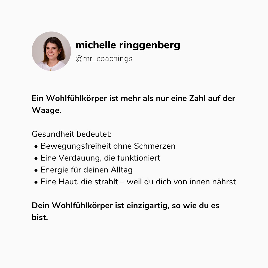 Ein Wohlfühlkörper ist kein Ziel, das du auf einer Waage ablesen kannst. Es ist ein Zustand, in dem du dich gesund, frei und leistungsfähig fühlst.
Es bedeutet, schmerzfreie Bewegungen geniessen zu können, eine Verdauung zu haben, die ihren Job macht, und eine Haut, die strahlt. Es ist das Zusammenspiel von körperlicher und mentaler Gesundheit – und es sieht für jeden von uns anders aus.
Lass uns den Fokus von “Schlank oder muskulös” hin zu “Gesund und glücklich” verschieben. 💪✨
👉 Was bedeutet ein Wohlfühlkörper für dich? Schreib es in die Kommentare – ich freue mich, deine Meinung zu lesen!