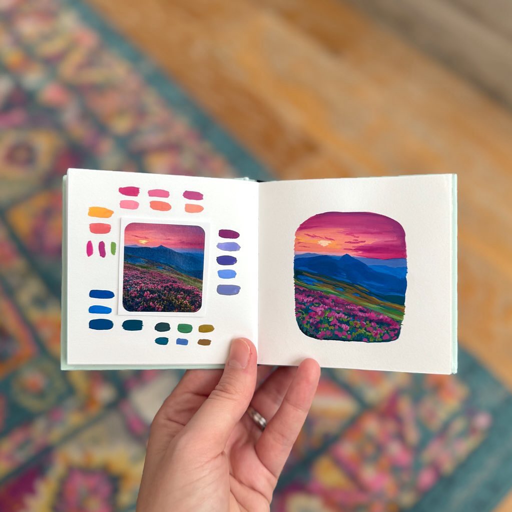 My first time doing an underpainting! I chose a rich magenta, and covering it with gold and rich blues was so satisfying. I wish I could take my own mountain pictures and paint those, but you know… toddlers :> One day. #tinygouache #tinyart #tinyartwork #tinylandscape