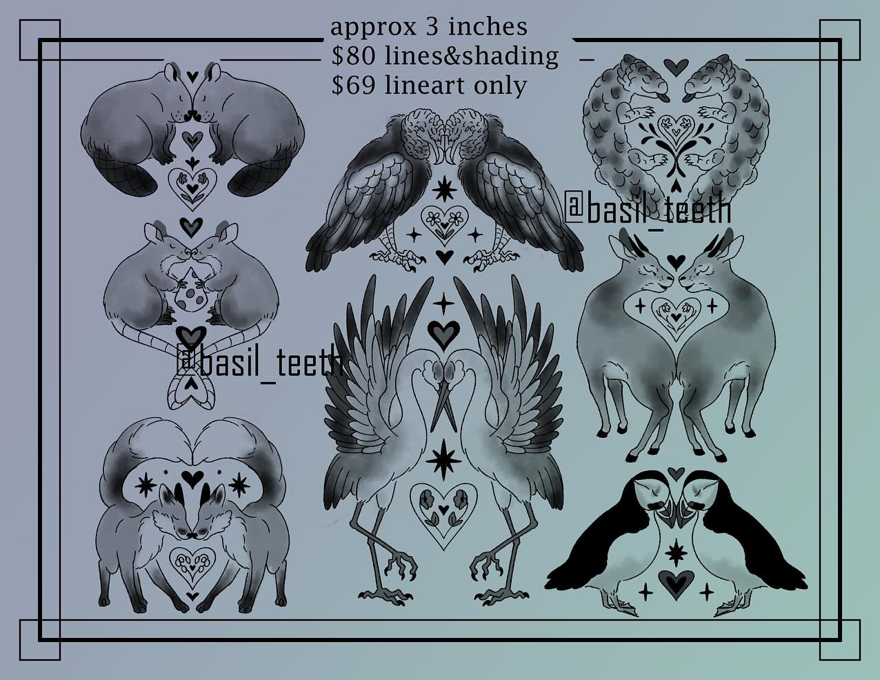 Here are the flash sheets available for @basil_teeth ! Pricing is listed on each sheet. When sign up comes, please email basilteethtattoos@gmail.com and be prepared to choose a time slot and pay a deposit :)
#tattooflash #valentines #cutedesigns #littleguys