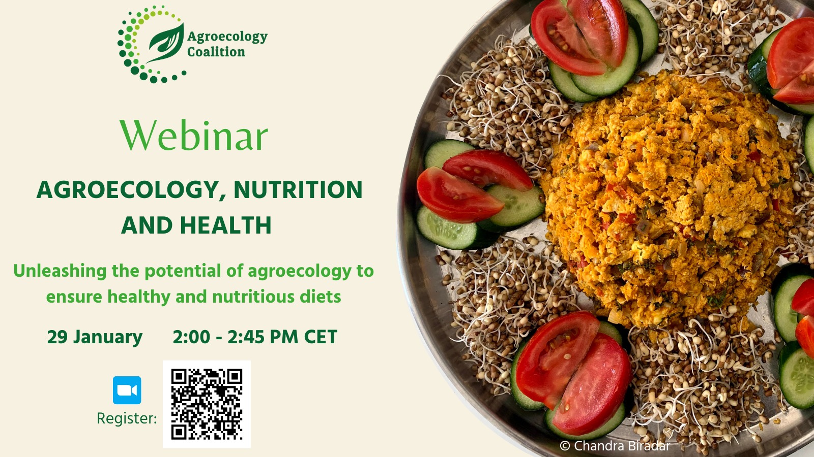 ๐ฃ Webinar organized by Agroecology coalition on "Agroecology, Nutrition and Health - Unleashing the potential of agroecology to ensure healthy and nutritious diets"๐ฝ
The Agroecology Coalition invites you to a conversation about the role of agroecology in ensuring nutrition and healthy diets, producing food sustainably, and exploring the evidence available on this topic. ๐ฒ
๐
29 January 2025
๐ 2-2:45 PM
๐ Register link in BIO
Join us and our distinguished panelists:
- Raiza Rezende ( @rhea_eu )
- Patrizia Fracassi ( @fao )
- Rachel Bezner Kerr ( @cornelluniversity )
- Dominique Barjolle ( @ethzurich / University of Lausanne).
The webinar will be moderated by the Agroecology Coalition Secretariat and @neverendingfood (Neverending Food Malawi)!