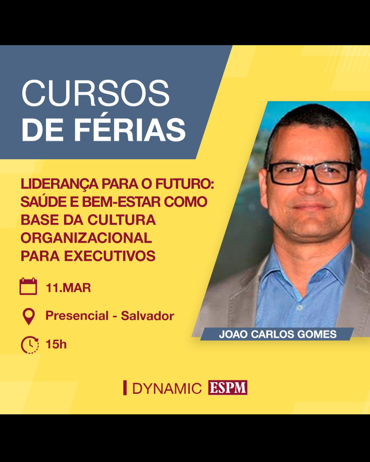 Quando as águas de março chegam fechando o verão, é tempo de abrir caminho para novos conhecimentos.
Estamos participando de uma mudança de era, que testa as Lideranças em vários contextos. Esse curso de férias traz a oportunidade de entender o momento; trocar experiências e aprender algumas novas competências.
Serão 5 encontros, das 18:30 às 21:30, com direito a Certificado. Dias 11.12, 18, 19 e 20 de março.
Faça sua inscrição pelo link: https://www.espm.br/cursos/dynamic/cursos-de-ferias/lideranca-para-o-futuro-saude-e-bem-estar-como-base-da-cultura-organizacional-para-executivos/
Espero vocês lá!