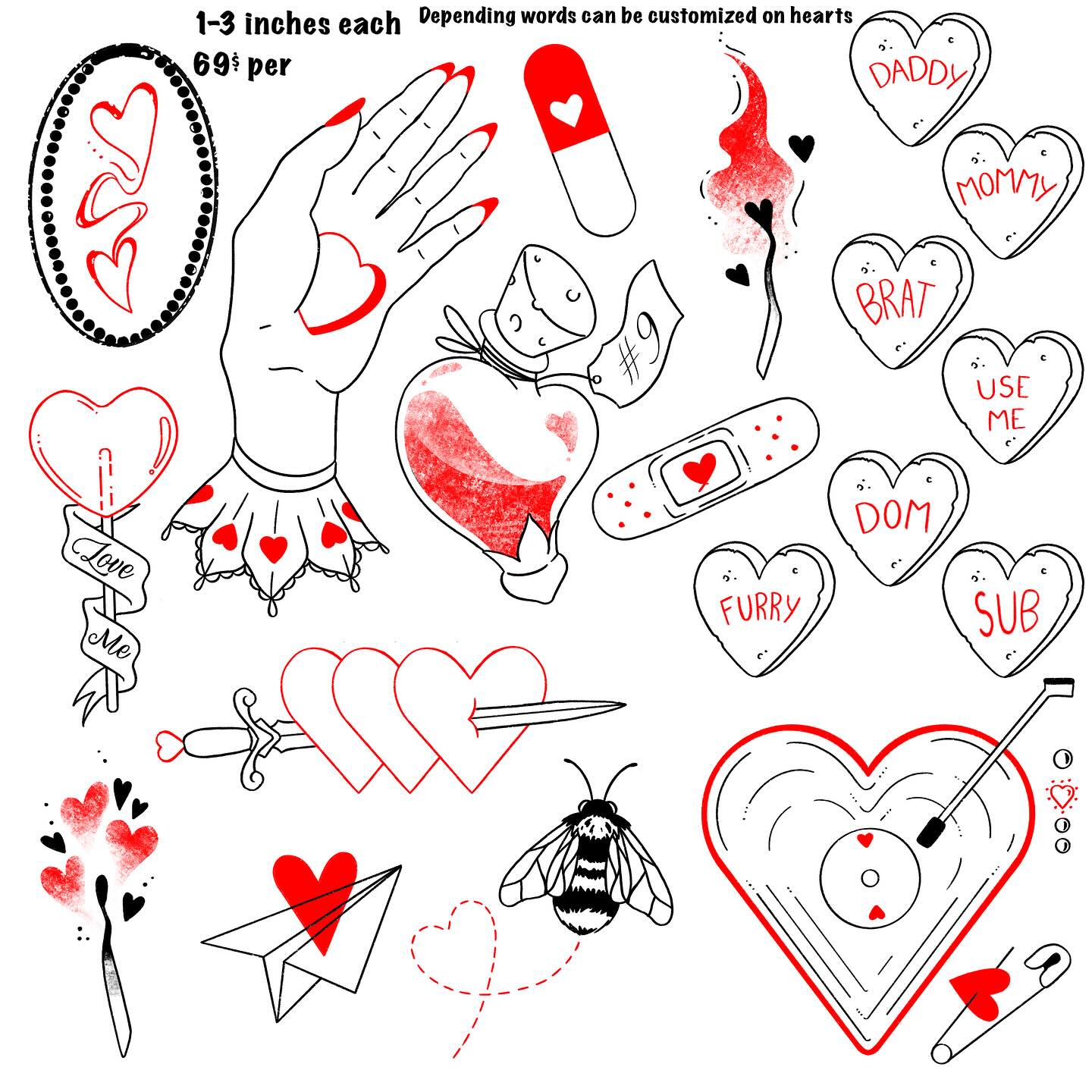 Here are the flash designs for @comic_hans - prices are listed on the sheet. The words on the heart candies may be customizable depending on request and size limitations.
For sign up email comichans92@gmail.com when the day comes, and be prepared to select a time slot and pay a deposit.
#tattooflash #tattoodesigns #valentines #love #candyhearts