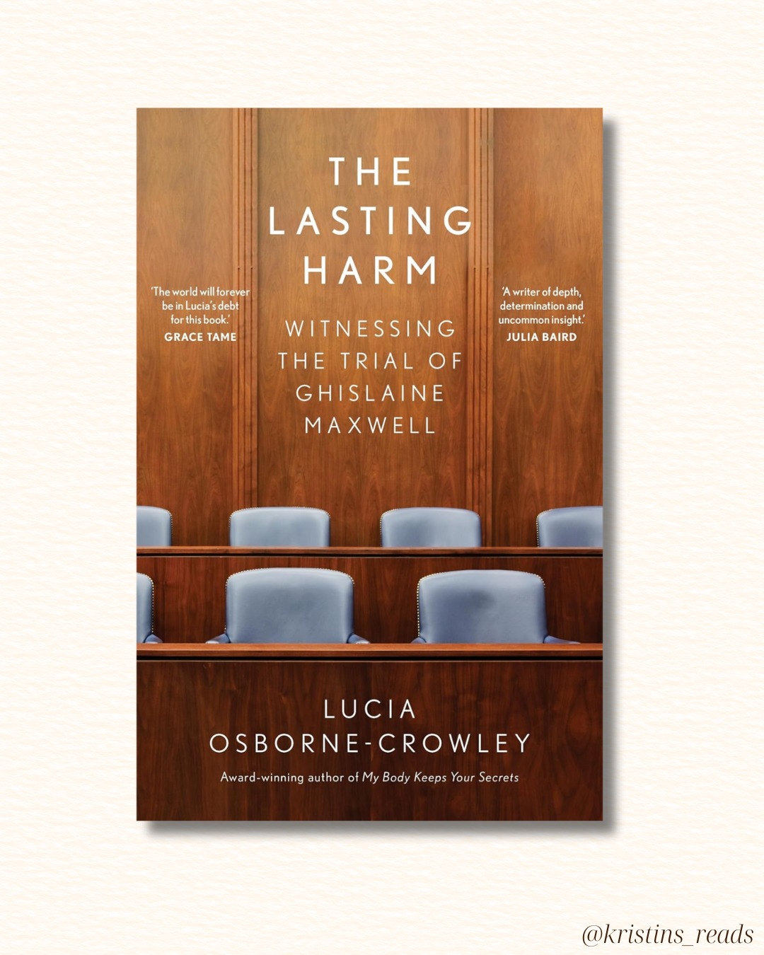 'The Lasting Harm: Witnessing the trial of Ghislaine Maxwell' by Lucia Osborne-Crowley.
Every day of Ghislaine Maxwell’s trial, @luciaoc braved freezing temperatures for hours—sometimes overnight—to secure one of just four coveted courtroom seats.
Most days, she secured her spot by lining up from midnight and standing out in the freezing cold until the court opened the next morning.
Osborne-Crowley delivers a committed, clear-eyed analysis of the trial. She puts the victims of Maxwell and Epstein at the centre of the story, where they belong.
Osborne-Crowley is probably the best person to write this story. Her background as a journalist, legal reporter, and victim of grooming and sexual assault leads to a compassionate understanding of the victims' stories, which we are all better for.
Most poignantly for me, is the way that Osborne-Crowley shows that some of the things that are perceived to make victims' testimonies less reliable, like gaps in memory, are actually the 'truest part'—further evidence of the abuse and indicators of the trauma's lasting harm.
This is a tough read, given its sensitive topic. However, if you feel up for it, I would highly recommend it. Similarly, Osborne-Crowley's previous two books, 'I Choose Elena' and 'My Body Keeps Your Secrets,' are both well worth the read.