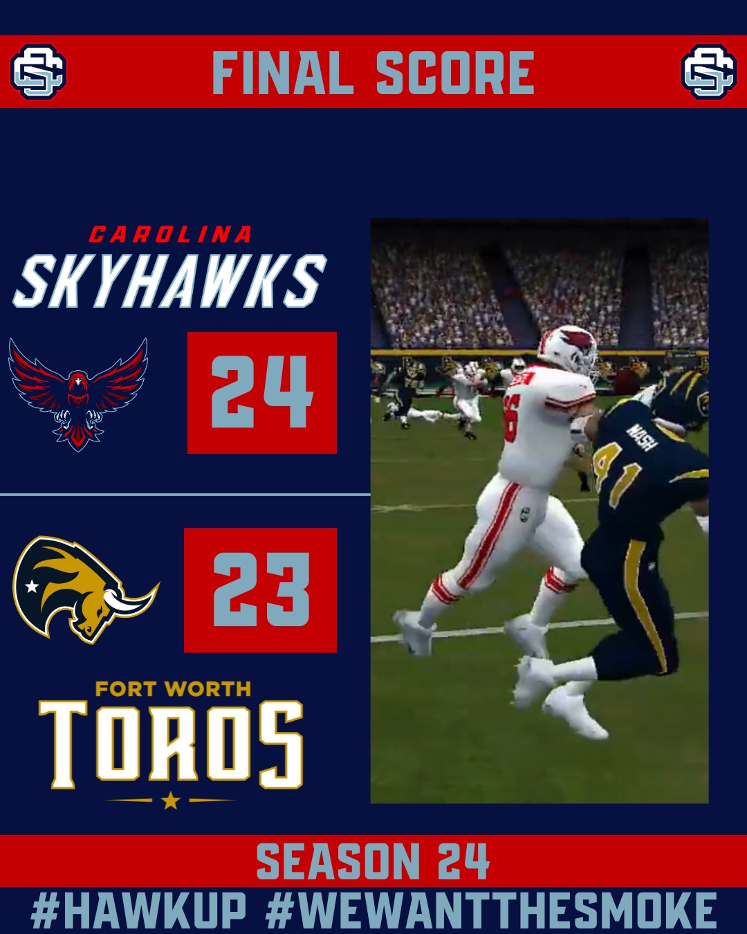 Final! The #SkyGang erase a 17-7 deficit for a big win in Fort Worth. Onto the Corbyn Cup in Charleston for week 4 in a short week.
#HawkUp #WeWantTheSmoke #NoOneOutPizzasTheHawks