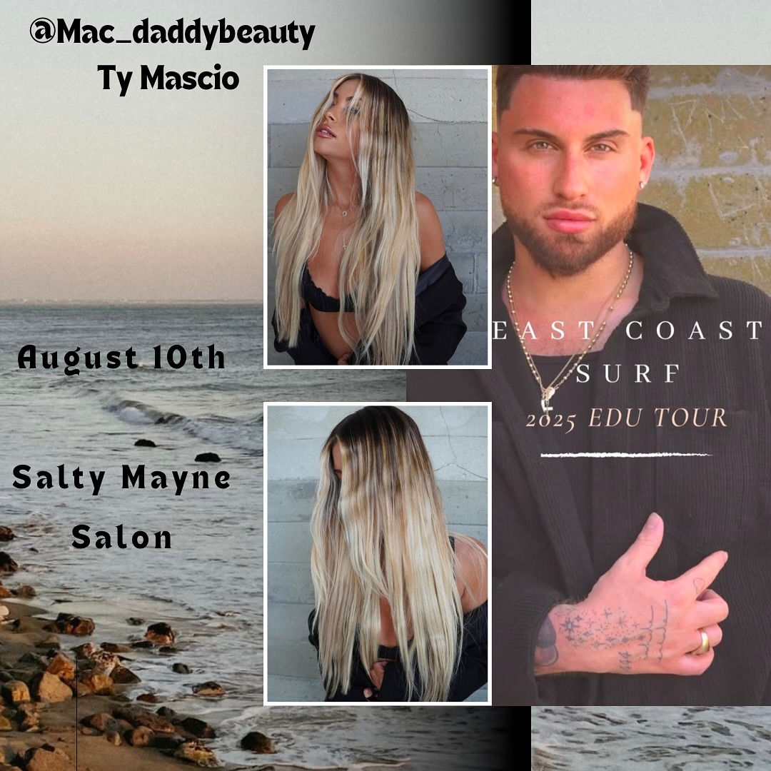 Big Announcement!!! 🌊🏝️
We will be hosting @mac_daddybeauty
August 10th at the salon.
This East Coast Surf class will be focusing on intentional color placement using a foil and hand-painted hybrid technique, expert color formulation, and the seamless installation of hand-tied wefts.
This class will be more intimate so Get your tickets now because you won’t want to miss out! Link in bio or go to saltymayne.com to our Shopify page.