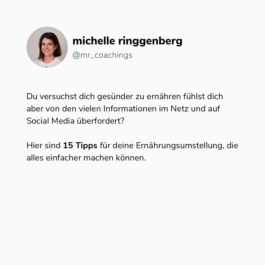 ➡️ Du willst gesünder essen, ohne dich überfordert zu fühlen? Hier sind 15 einfache Tipps, die dir helfen, gesunde Ernährung alltagstauglich zu machen!
Speichere den Post ab und starte noch heute mit kleinen Veränderungen! 🔥💪
💬 Welchen Tipp setzt du als Erstes um? Schreib es in die Kommentare!
📩 Lust auf eine persönliche Beratung? Schreib mir eine DM und lass uns deinen perfekten Ernährungsplan erstellen! 🚀
#FitnessJourney #PersonalTraining #BoxAcademyBern #NeuesJahrNeuesIch#boxen#fitness#abnehmen#health#inspo#Sport#Bern#Grow#GlowUp#bikinibody#Gesundheit#SpassbeimSport#Selbstliebe#Selbstbewusstsein#trainingmitmichelle#glücklich#zufrieden#wohlfühlkörper