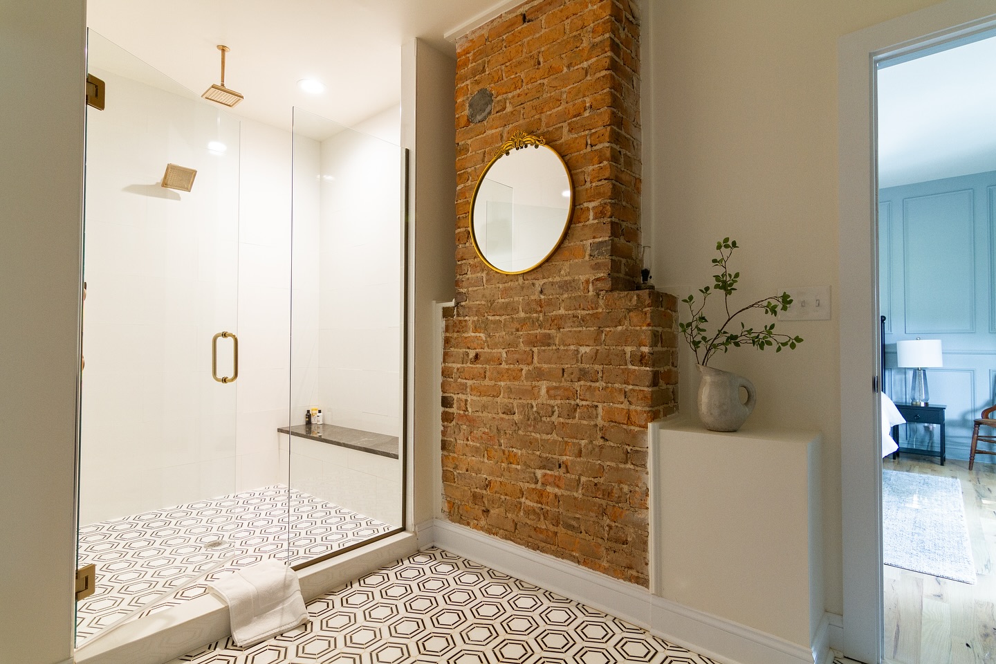 This beautiful home has some stories to tell— built in the early 1900s, it was a cornerstone of the Caraleigh Mill neighborhood. This little community of homes housed workers of what used to be a cotton mill and fertilizer plant near downtown Raleigh NC.
We were commissioned to design this home to be a cozy, memorable short term rental and still highlight the historic features.
What do you think? Would you like to stay in an Airbnb with this primary bathroom?
#raleighnc #raleighrealestate #raleighdurham