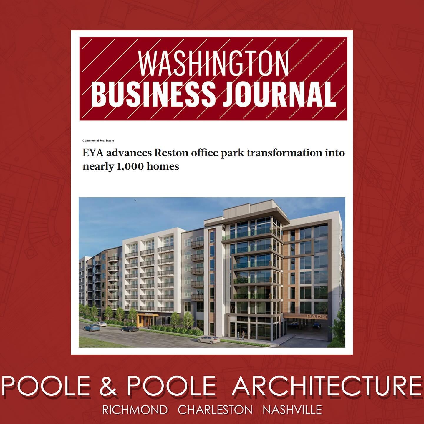 This has been such an interesting project. We are taking an underutilized office park and transforming it into a vibrant community of over a thousand residences. These seven parcels will soon house a mix of apartments and townhomes that will greatly add to the fabric of Reston. Read more at the article in our bio