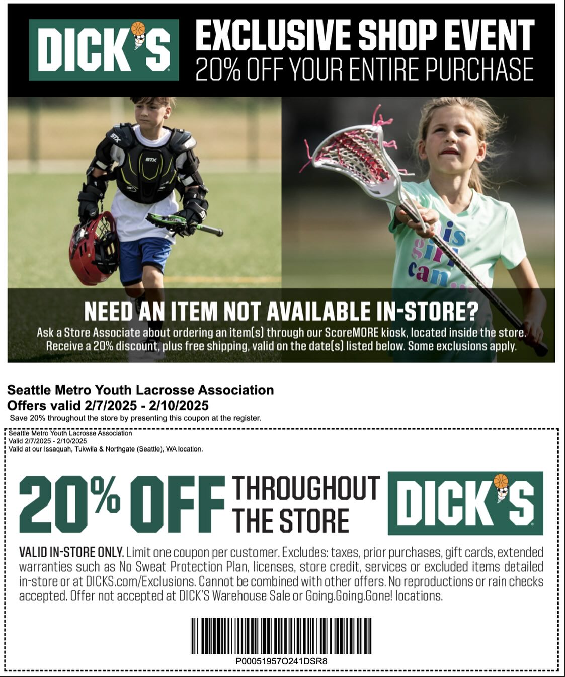 Warriors, the annual 20% discount at Dick's Sporting Goods is this weekend (2/7-10)! Coupon can be redeemed at Northgate, Southcenter & Issaquah stores. Can not be used online but if you're in store and need to order an item through their kiosk, the discount applies. Go get that gear!