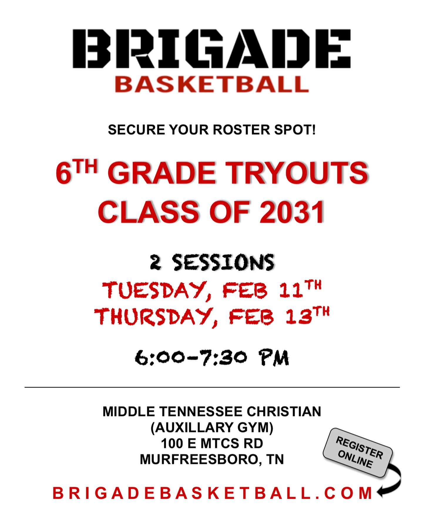 🔒 LOCK-IN YOUR ROSTER SPOT AT TRYOUTS‼️
➡️ 6TH GRADE BOYS (CLASS OF 2031) ⬅️
#theBRIGADEway🔴⚫️ #BRIGADE2031