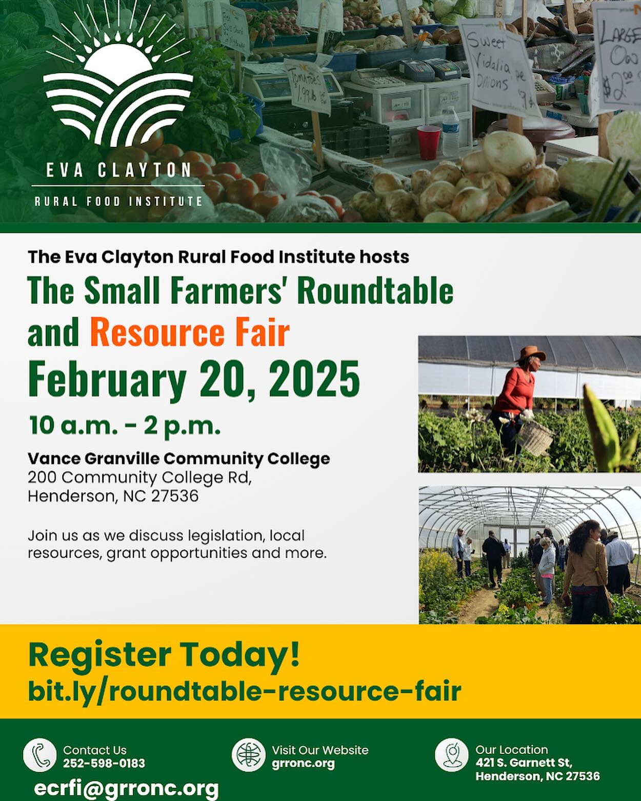 There’s still time! ¡todavía hay tiempo! Join us for the Small Farmers’ Roundtable and Resource Fair. Feb. 20 from 10am-2pm at Vance Granville Community College. Únase a nosotros en la Mesa Redonda y Feria de Recursos de Pequeños Agricultores. 20 de febrero de 10 a. m. a 2 p. m. en Vance Granville Community College. Learn more and register! ¡Obtén más información y regístrate! http://bit.ly/roundtable-resource-fair