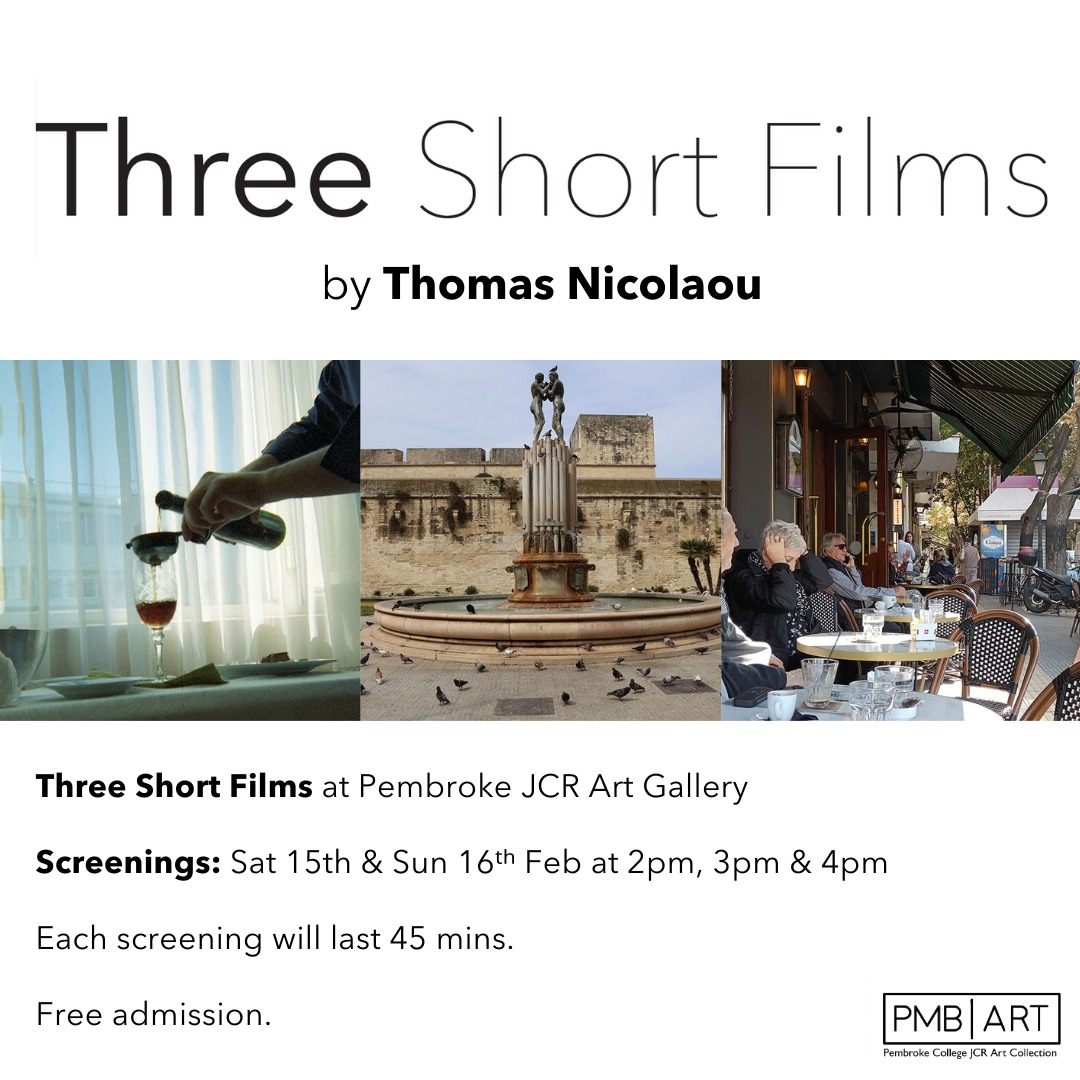 'Three Short Films'
Experimental short film showreel by Thomas Nicolaou.
15th February –16th February 2025: Saturday & Sunday only.
Screening Times: 15th February –16th February 2025.
2pm, 3pm and 4pm.
You are cordially invited to view “Three Short Films”, an experimental short film showreel
by Thomas Nicolaou. Includes new work “City Break”.
Thomas Nicolaou is a British, Oxford based visual artist, graphic designer and tutor. Thomas studied printing, publishing and graphic design and worked for a number of years in publishing as a designer. The first book he made was the artists’ book Pensées with British artist Jeremy Deller. He is a graduate from the MA Photographic Studies (now MA Expanded Photography) course at the University of Westminster (2016). His photography, films and books have been exhibited/screened both in the UK and internationally at exhibitions and festivals, including at Belvedere21 (Austria), VCAS (Austria), Pitt Rivers Museum (UK), Photo Oxford (UK), Modern Art Oxford (UK), Photo Fringe OPEN20 (UK), Printed Matter (US), NIMAC (Cyprus), Whitechapel Gallery (UK), Photo Romania Festival (Romania), Tate Modern (UK), Tate Britain (UK) and Cabinet Gallery (UK).