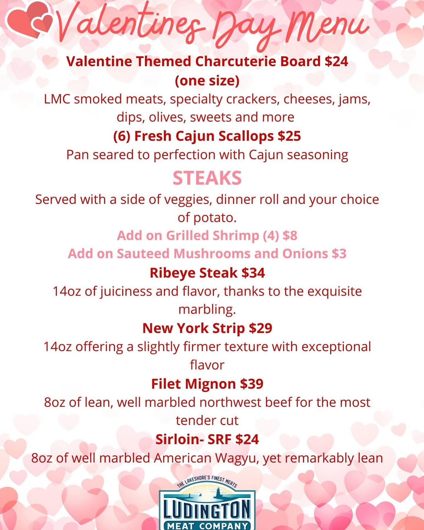 ๐๐๐๐ฅ๐๐ง๐ญ๐ข๐ง๐โ๐ฌ ๐๐๐ง๐ฎ๐
Available Tomorrow, Friday 2/14 3pm-8pm and Saturday, 2/15 3pm-8pm
Valentine Drink Menu Available All Weekend๐ฅ
#valentine #thelakeshoresfinestmeats #love #letseat