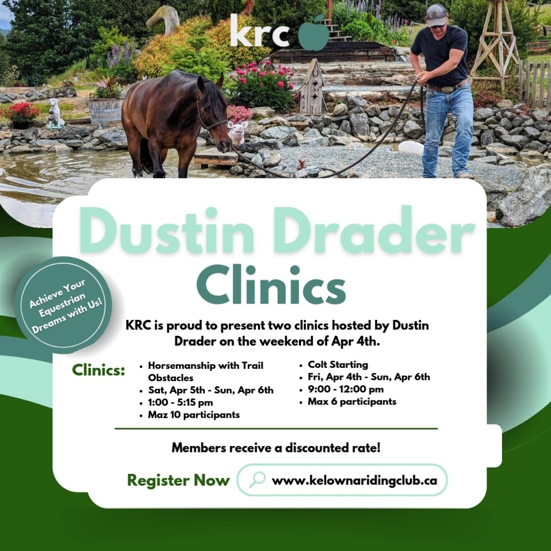 Dustin knows the importance of a solid foundation, and therefore, groundwork is a key part of his program. Heavily influenced by the methods of Buck Brannaman, Dustin strives to develop lightness, correct movement, and a willing work ethic in all his horses. He wants to get as much from the horse as he can without it becoming bothered.
Horsemanship with Trail Obstacles:
Horsemanship sessions focus on enhancing the rider's feel and timing, while promoting lightness and softness in the horse. Participants will apply these principles to obstacle work in- hand and mounted.
Colt Starting:
The Colt Starting sessions will focus on preparing the young or green horse to become an educated saddle horse for any discipline. Round pen will be used during these sessions.
Pricing:
Colt Starting $400 non member and $375 member plus GST. Clinic will run Friday 4th April to Sunday 6th April 9 to 12am. Maximum 6 participants
Horsemanship $220 non-member and $200 member plus GST. Clinic will run Saturday April 5, Sunday April 9th 1pm to 5:15pm. Maximum 10 participants.
Click the link in bio to secure your spot and set your horse up for a successful season!
#kelownaridingclub #dustindrader #horsemanship #coltstarting #trailobstacles