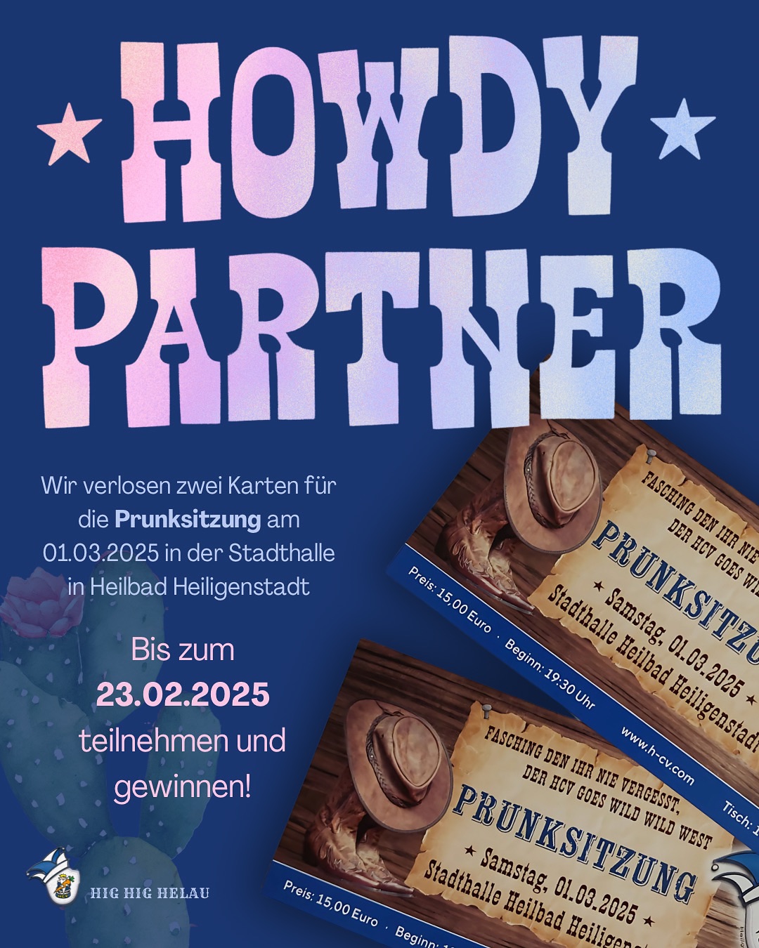 Gewinnspiel: Gewinne zwei Freikarten für unsere Prunksitzung am 01.03.2025! 🤠🎭
Sattelt eure Pferde, zieht die Cowboyhüte tief ins Gesicht und macht euch bereit für einen wilden Ritt durch die fünfte Jahreszeit! Wir verlosen zwei Freikarten für unsere Prunksitzung am 01.03.2025 in der Stadthalle in Heilbad Heiligenstadt! 🎉
Freut euch auf ein mitreißendes Programm, jede Menge Spaß und einen unvergesslichen Abend mit der Tanzband On Point. Lasst uns gemeinsam den Saloon zum Beben bringen! 🍻🎶
So könnt ihr teilnehmen:
🤠 Beitrag liken 👍
🐎 Das zweite Bild mit den Veranstaltungsterminen in eurer Story teilen 🔁
🌵 Einen Freund oder eine Freundin in den Kommentaren markieren, mit dem/der ihr in den Karnevals-Westen reiten wollt ✍️
Die glücklichen Gewinner oder Gewinnerinnen werden am 23.02.2025 bekannt gegeben und direkt von uns kontaktiert.
Also, nichts wie ran an die Colts – wir freuen uns auf euch! 🎉
Darauf ein dreifach donnerndes: HIG HIG HELAU! 🤠🎭