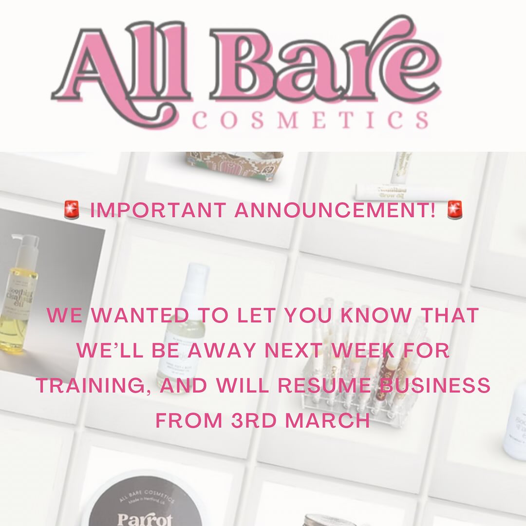 🚨 Important Announcement! 🚨
Hey everyone!
We wanted to let you know that we’ll be AWAY next week for training! 📚✨
We’ll be back open on 3rd March, and we’ll make sure to catch up on all your messages then. Thank you ❤️
Stay tuned for some exciting updates when we return!
Danielle 😘
#TrainingWeek #BackSoon #LearningAndGrowing #CustomerCare #bespokecosmetics