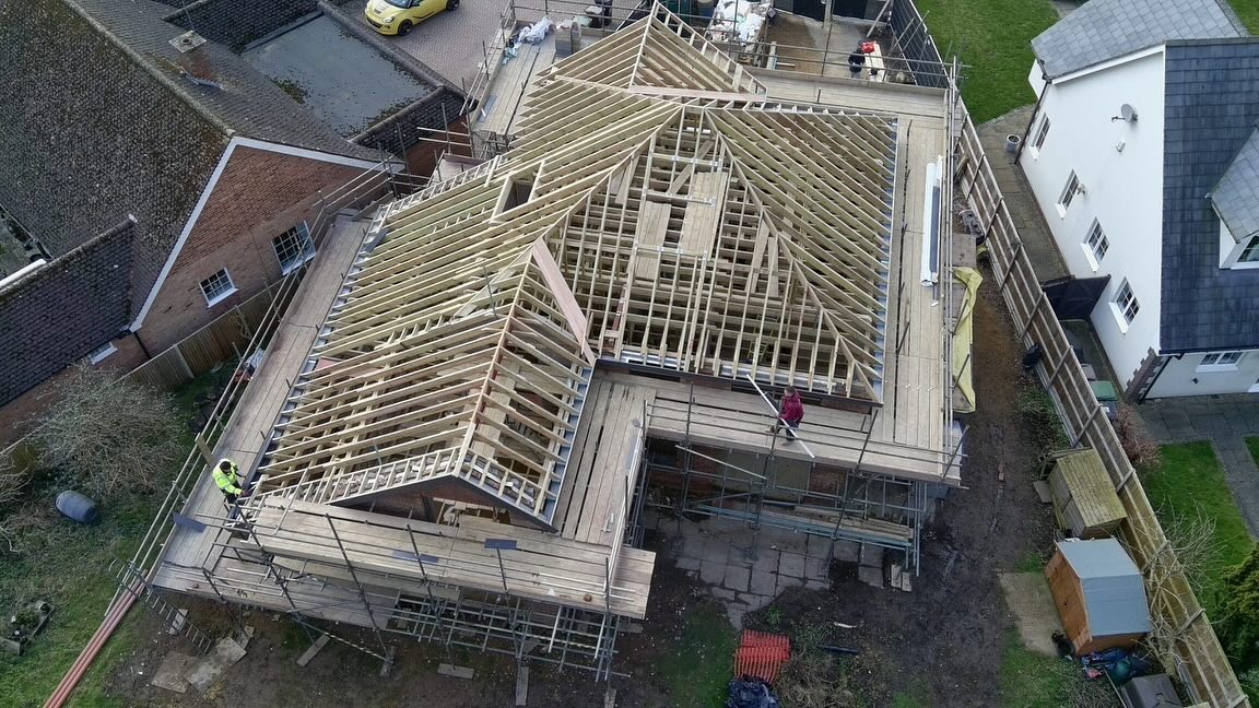 Another busy week on the house build @_lunaconstruction completed two gable end walls. @lsbcarpentryltd finished main roof with anthracite sofit and fasia then matching gutters and down pipes were installed ready for roof tiling upper bay window lintel arrived and was installed with pad stones built ready for steel beams on Monday supplied as always by @geo.ausden ready for front gable blockwork to be continued next week. #alderson #building #housebuild #roof #roofing #brickwork #brickie #woodwork #carpender #carpentry #steelbeam #steelwork Big thanks to @lsbcarpentryltd @_lunaconstruction & @geo.ausden for once again great work