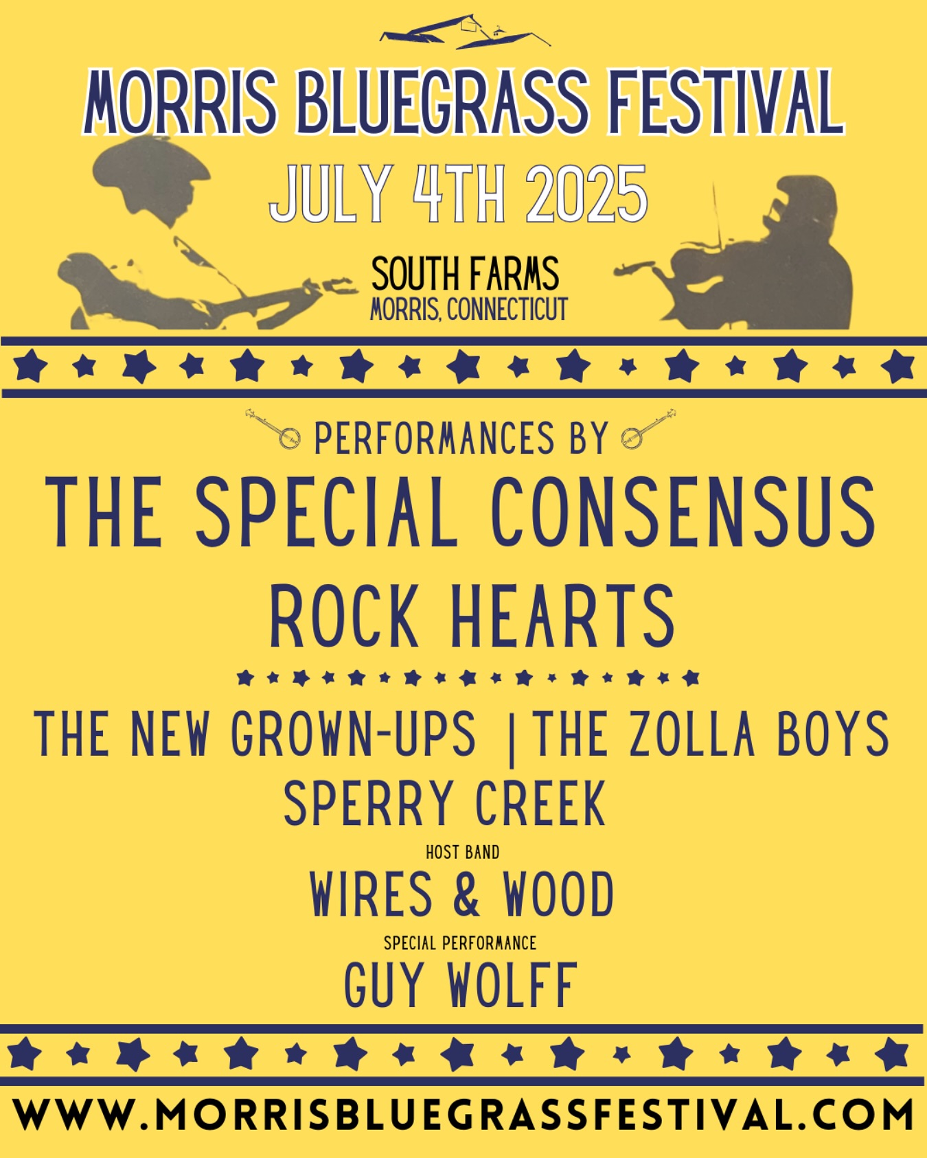 The Morris Bluegrass Festival is Back in 2025
Music lovers and festival-goers, mark your calendars! The renowned Morris Bluegrass Festival is returning to South Farms in Morris, CT on July 4th, 2025 with an incredible lineup of award-winning bluegrass artists.
This year’s festival will feature performances by 2-Time Grammy-Nominated The Special Consensus, IBMA Showcase band Rock Hearts, the up-and-coming The New-Grown Ups from Boston, local favorites The Zolla Boys, Sperry Creek, Guy Wolff and the host band Wires & Wood. This star-studded lineup promises an unforgettable day of toe-tapping, high-energy bluegrass music that will have the entire family dancing in the fields. Tickets on sales through Eventbrite - https://MorrisBluegrassFestival25.eventbrite.com. #ctbluegrass #ctlivemusic #ctmusicfestival #newenglandbluegrass #southfarms