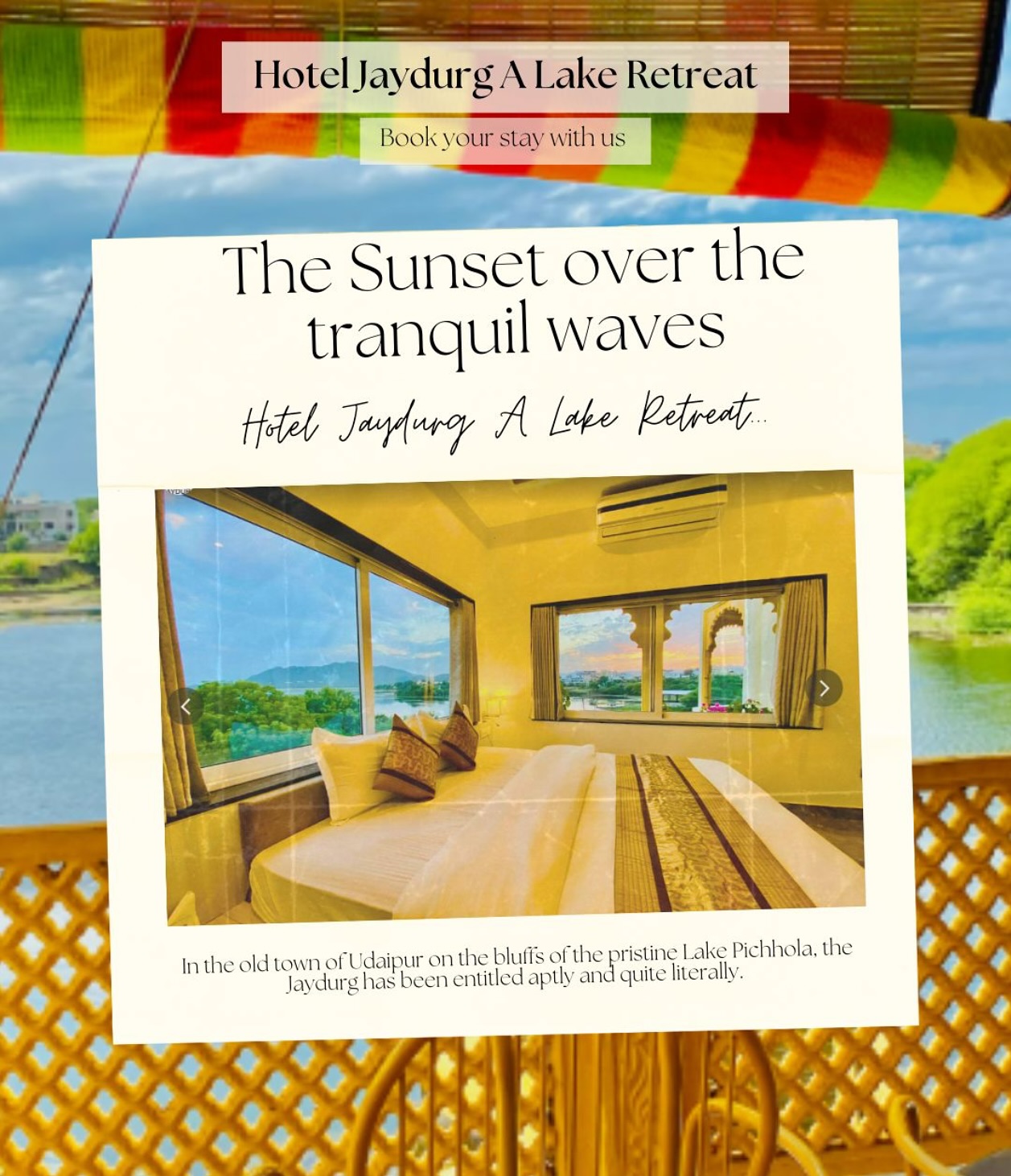 ✨ Wake Up to a View Like No Other! ✨
Imagine opening your eyes to the gentle sound of rippling water, golden sunlight dancing on the lake, and a view that feels straight out of a dream. 💙🌊
At Jaydurg, luxury isn’t just in the stay—it’s in every sunrise, every breeze, and every moment spent soaking in this breathtaking view. 🌅🏞
📍 Stay where comfort meets the calm of the lake.
#Jaydurg #RoomWithAView #LakesideLuxury #UdaipurRetreat #WakeUpToBeauty