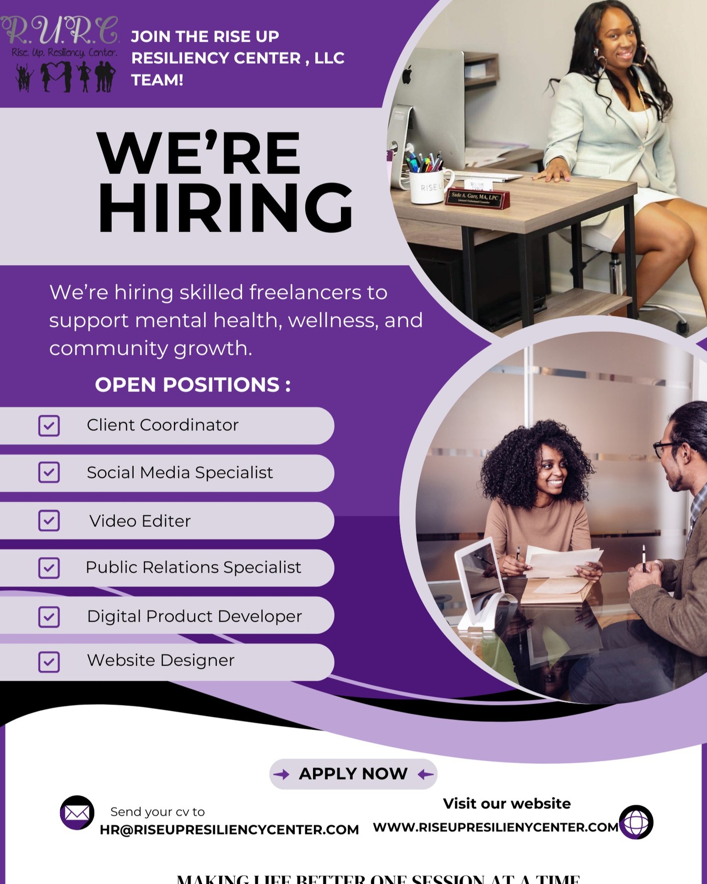 🚨 We’re Expanding – And We Need You! 🚨
We're Hiring!
Rise Up Resiliency Center, LLC is hiring freelancers to help us grow our impact in mental health and wellness.
If you're skilled and passionate, we want you on our team!
📢 Open Contract-Based Positions:
✨ Client Coordinator
✨ Public Relations Specialist
✨ Social Media Specialist
✨ Digital Product Developer
✨ Video Editor
✨ Website Designer
⏳ Apply now! Don’t miss this opportunity:
https://www.riseupresiliencycenter.com/openpositions
#HiringNow #FreelanceJobs #MentalHealthMatters #RiseUpResiliency