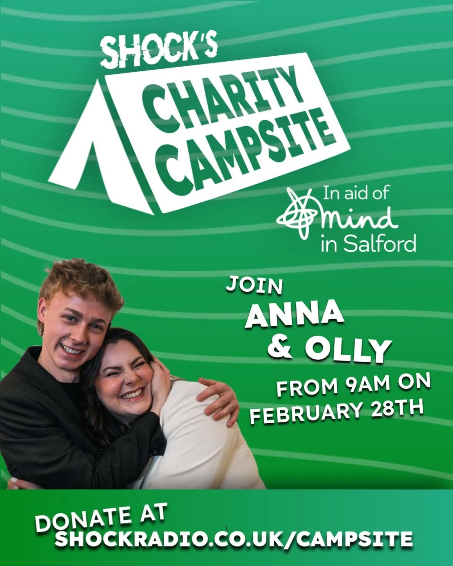 Shock Radio's 24 hour charity broadcast is back for the 4th year in a row and this year Olly Hiscocks and Anna Stelfox are taking on the challenge.
They'll be live from the foyer of Salford SU's headquarters at the University of Salford for 24 hours starting at 9AM on Friday 28th February.
This year, Shock is raising money for @mind_in_salford - who are doing great work in our local area. Donations can be made using the link in our bio.
Anna and Olly will be joined throughout the day by familiar friends from across the Shock Network, oversee a competitive Race Across Manchester and cheer on participants in Shock's Big Dance-a-thon.