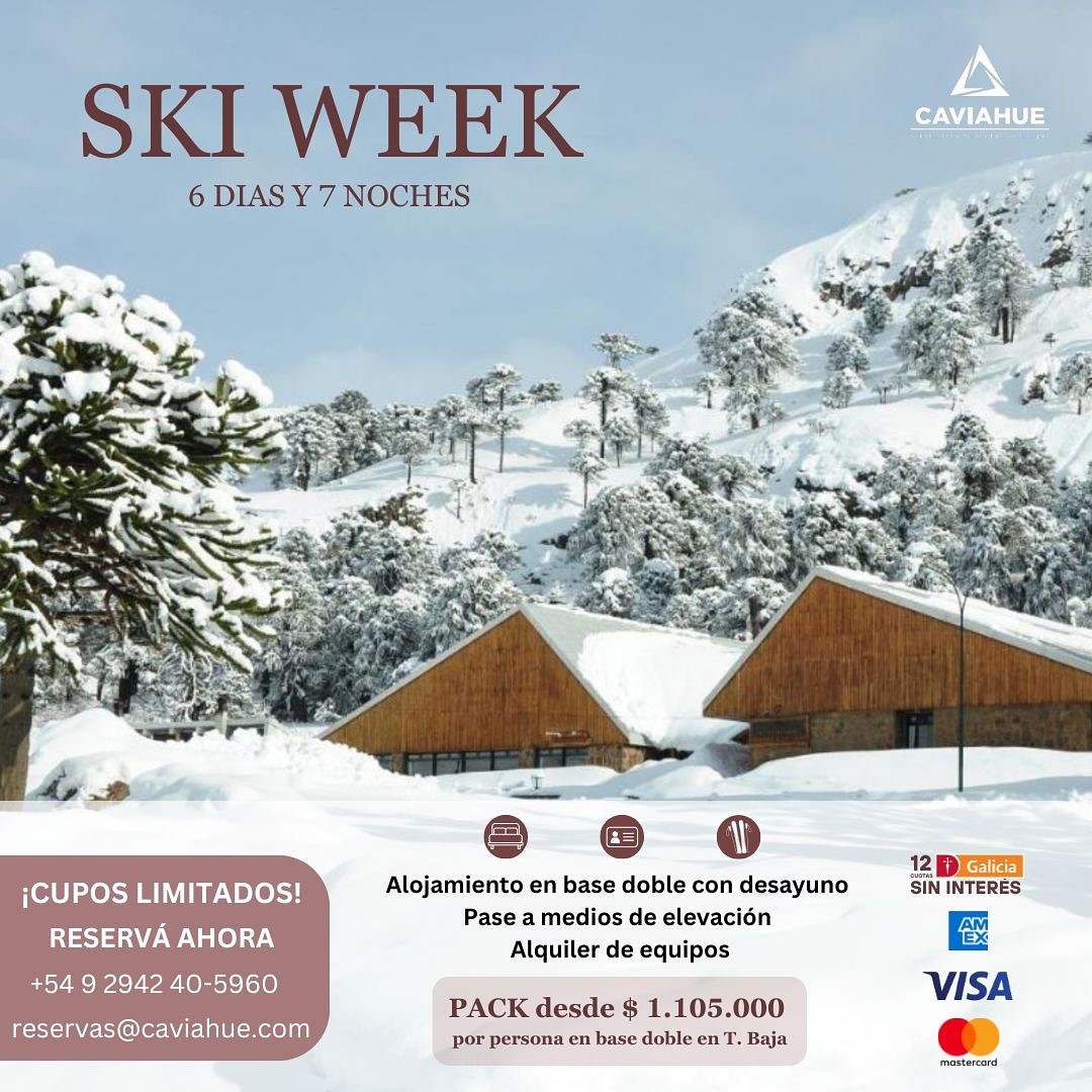 Si soñás con una semana de pura nieve y aventura en Caviahue, este es el pack perfecto para vos. 🙌🏼⛷
🏡 Hotel Nevado (3⭐️) – Comodidad, calidez y la mejor relación precio-calidad.
🎟 Incluye:
✔ Alojamiento en base doble con desayuno
✔ Pase a medios de elevación
✔ Alquiler de equipo de ski o snowboard
📅 6 días y 7 noches – ¡Reserva ahora antes de que se agoten los cupos!
📩 Más info y reservas:
📲 +54 9 2942 405960 | 📧 reservas@caviahue.com
#SkiWeekCaviahue #HotelNevado #CaviahueSkiResort #SnowTrip #VacacionesDeInvierno #EsquíArgentina