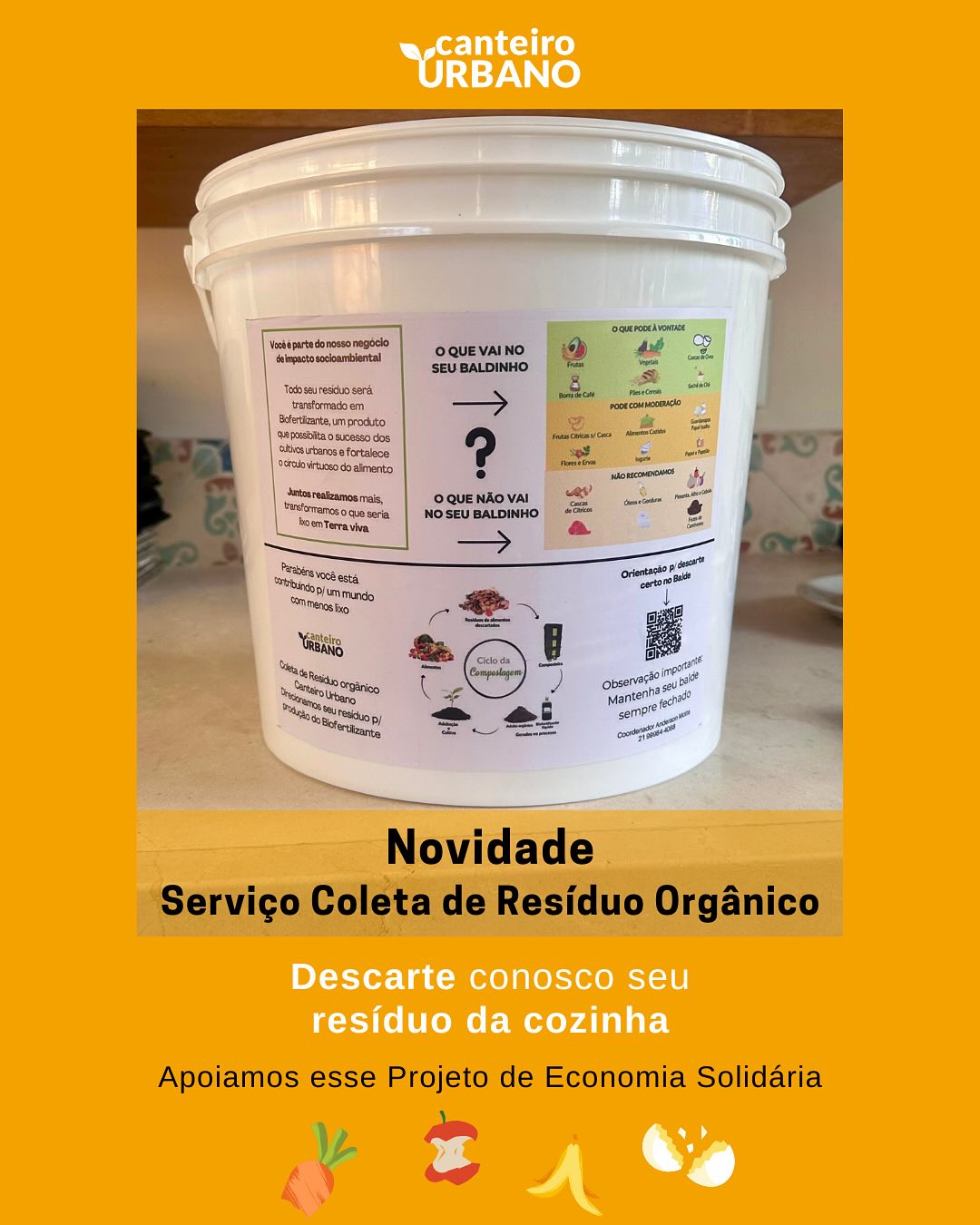 O Canteiro Urbano está lançando o Serviço de Coleta Domiciliar de Resíduo da Cozinha. Esta é uma oportunidade para muitos ressignificarem o seu lixo da cozinha, se inserindo no Círculo Virtuoso do Alimento e sendo parte desta Rede inovadora da Nova Economia que gera recursos e impactos socioambientais positivos.
O Coordenador responsável por este serviço é Anderson Motta, contemplado com Recursos do Edital da Economia Solidária 2024 - Município de NIterói, “Projeto Aqui Tem Natureza”.
É com alegria que estamos ampliando nossa atuação e fortalecendo nossos propósitos de contribuir com um mundo com mais Terra Viva e Cultivada, mais feliz, mais saudável, mais justo e com menos lixo.