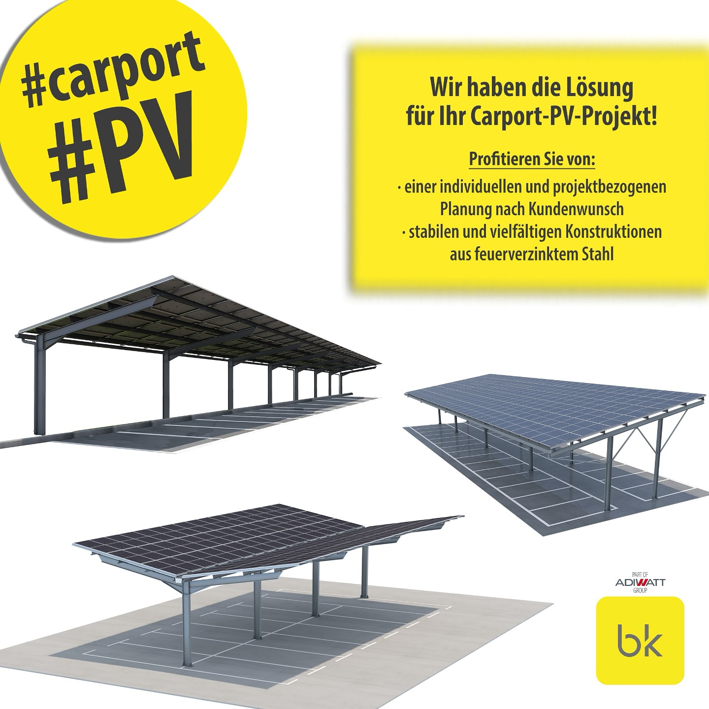 Carport-PV immer beliebter!
+++ individuelle&projektbezogene Planung +++
+++ Parkplatzflächen rentabel machen +++
Carport-PV-Systeme von B&K sind vielseitig, ästhetisch ansprechend und dank der Herstellung aus feuerverzinktem Stahl äußerst stabil, langlebig und wartungsarm.
Profitieren Sie zudem von einer individuellen und projektbezogenen Planung nach Kundenwunsch.
Überzeugen Sie sich selbst und schicken Sie uns jetzt Ihr Carport-PV-Projekt. Verwandeln Sie Parkplatzflächen zu Energiezentralen, die enorm zur Reduzierung der Energiekosten und zur Nachhaltigkeit beitragen.
#carport #parkplatzpv #photovoltaik #photovoltaic #solar #handwerk #elektriker #pvmodule #elektroinstallation #elektrotechnik #bauherren #erneuerbareenergie #solarenergie #nachhaltigkeit #energie #energy #pv #strom #solarenergy #pvanlage #photovoltaikanlage #solarmodule #greenenergy #sonnenstrom #pvmontagesystem #solarmountingsystem #bksolarezukunft #bksolarsystem